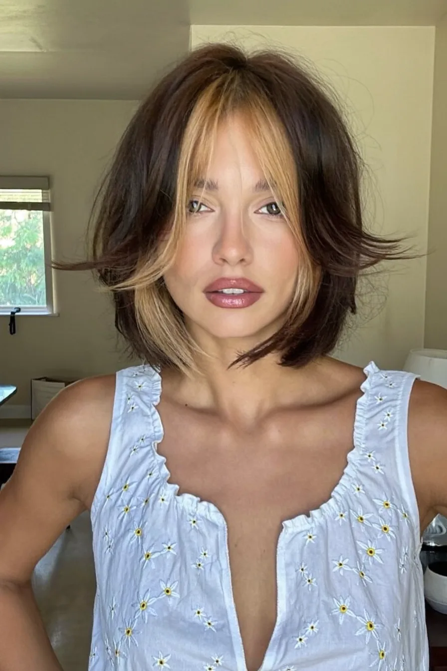 Voluminous Chin-Length Shag with Honey Blonde Money Piece
