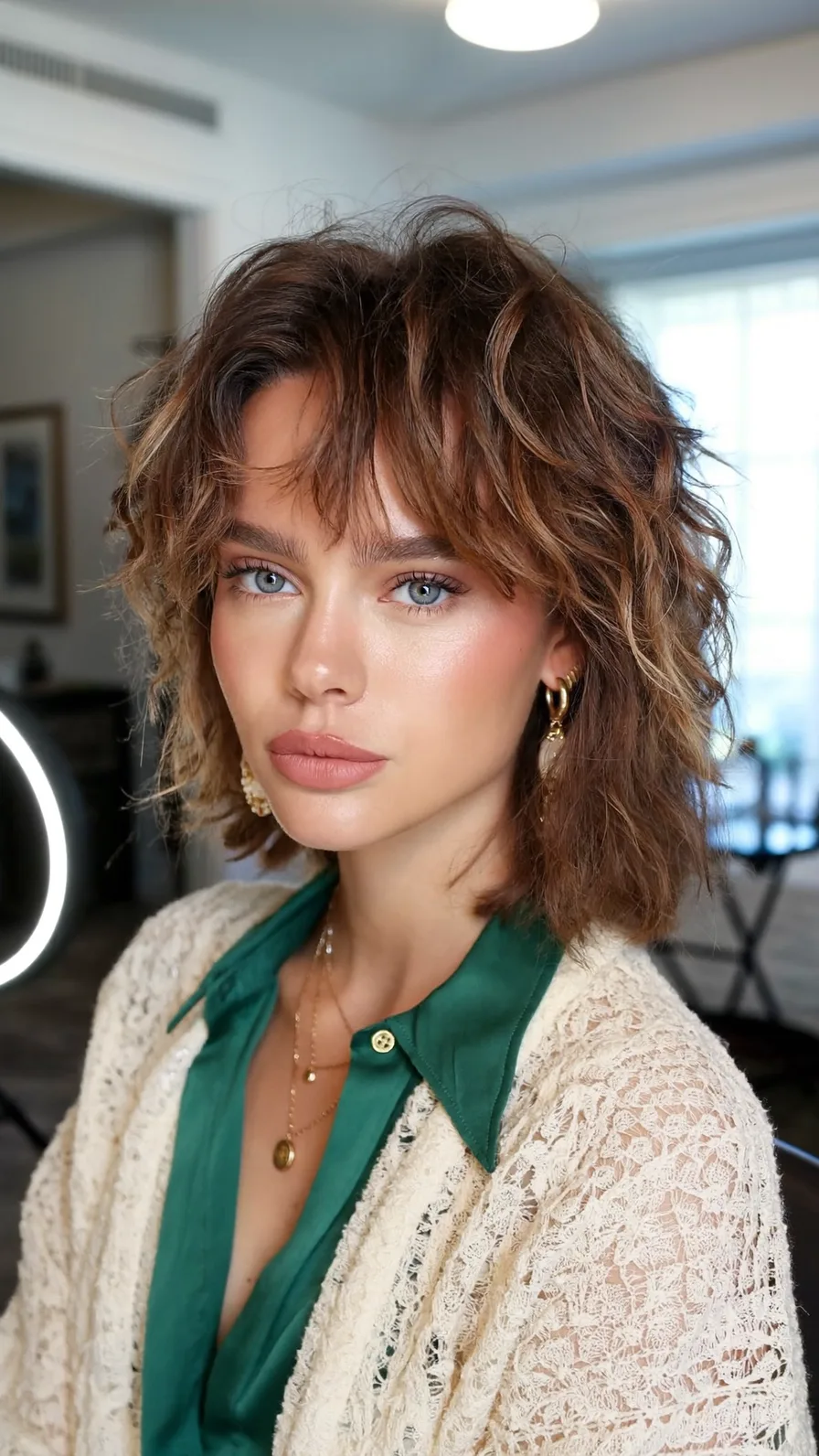 Chin-Length Textured Shag with Curtain Bangs and Balayage