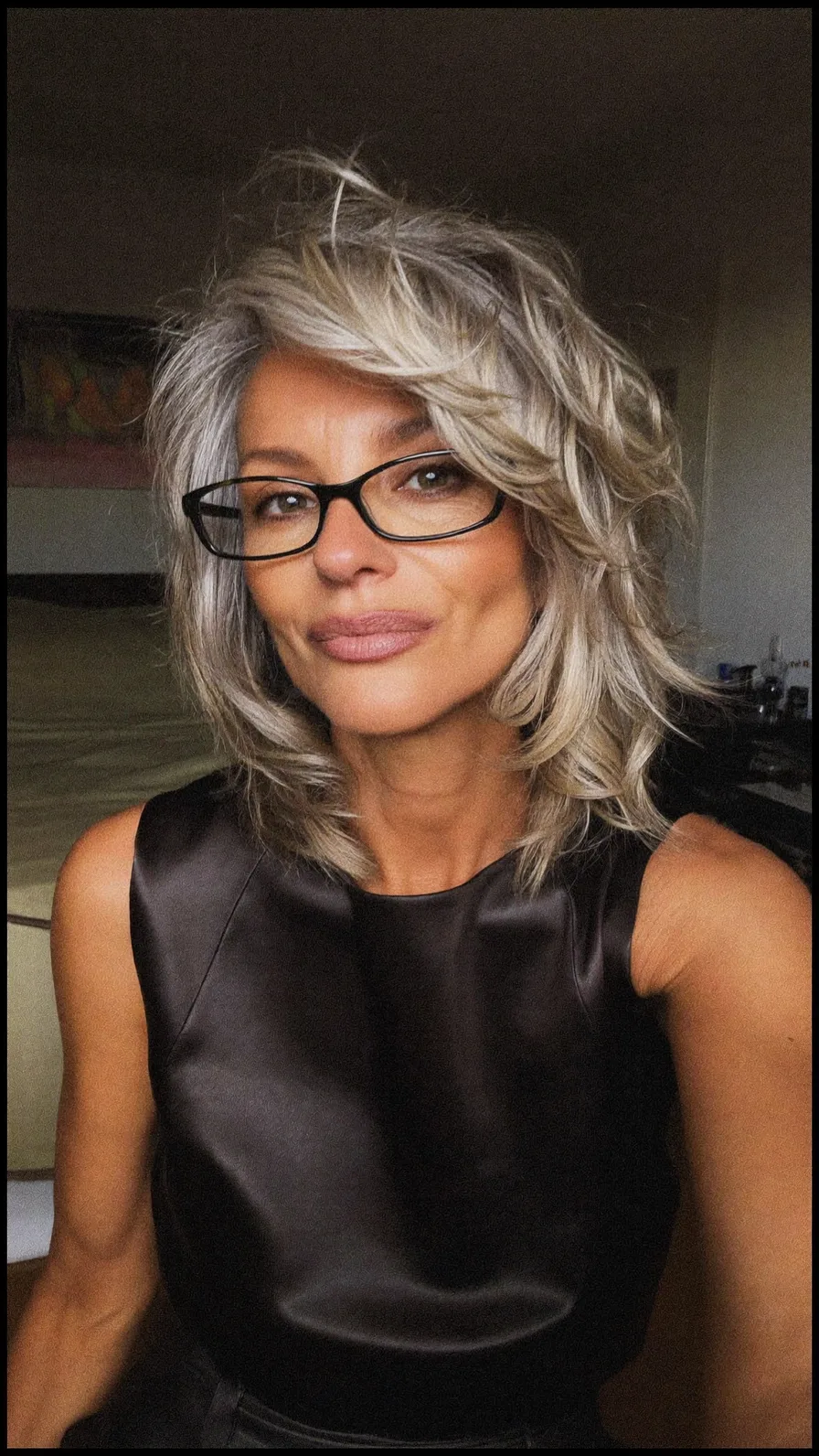 Voluminous Shoulder-Length Layered Shag with Side-Swept Bangs