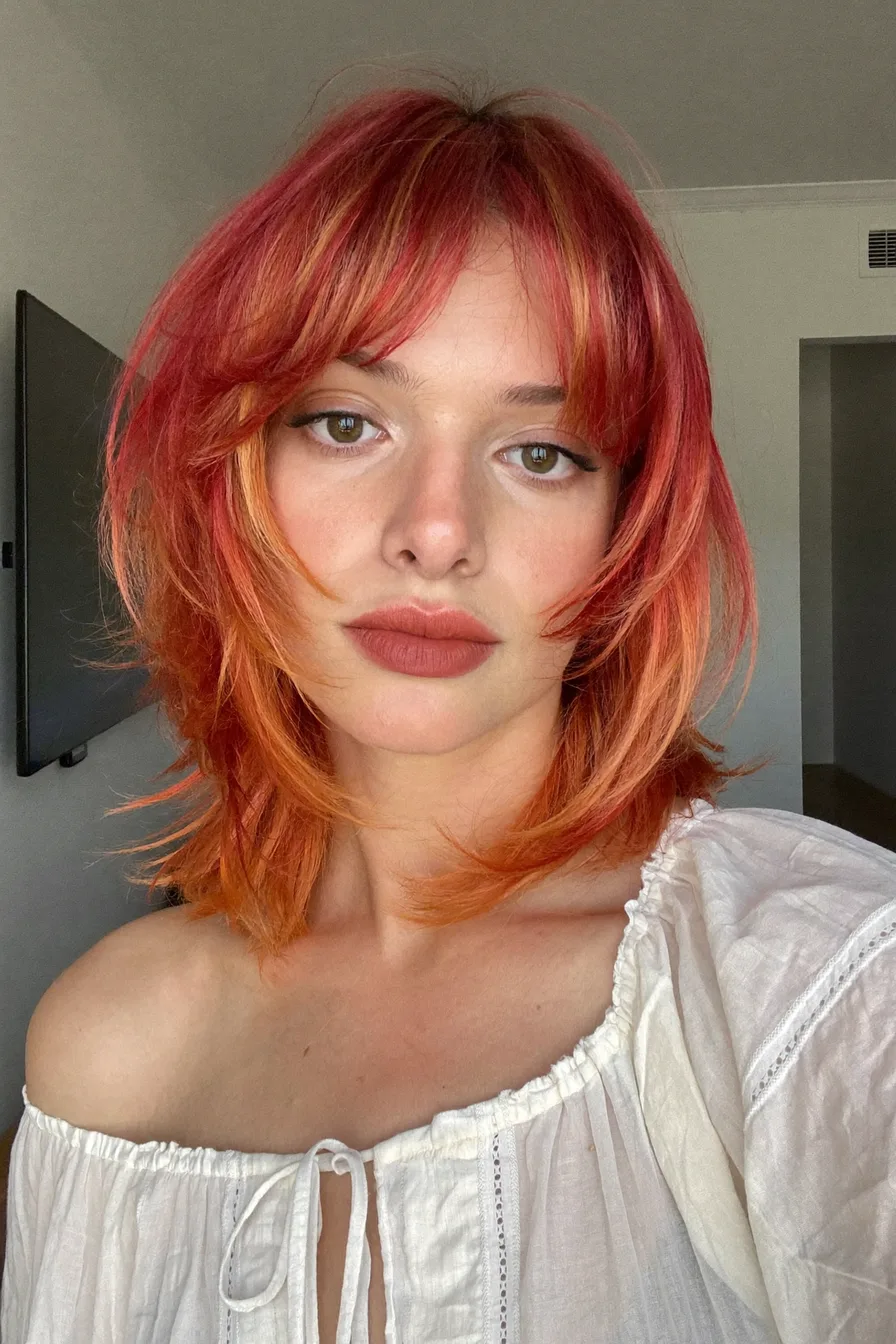 Vibrant shag haircut with curtain bangs and choppy texture