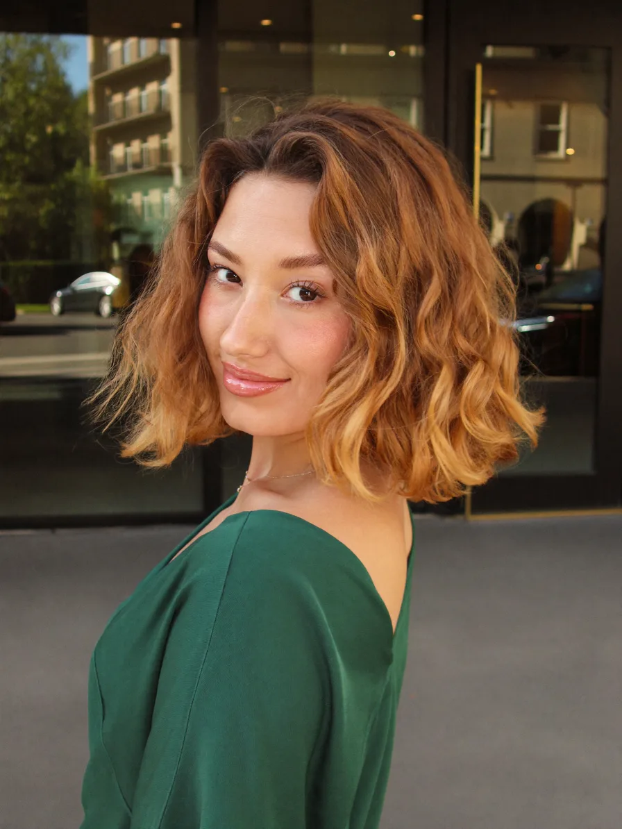 Modern Textured Chin-Length Shag with Caramel Balayage Highlights