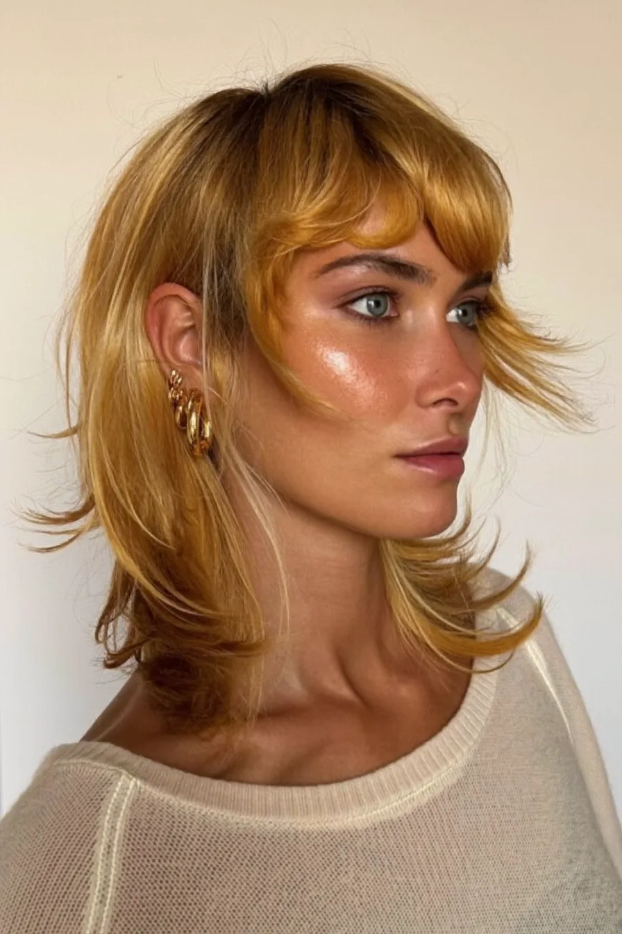 Modern Shag Haircut with Textured Curtain Bangs for Movement
