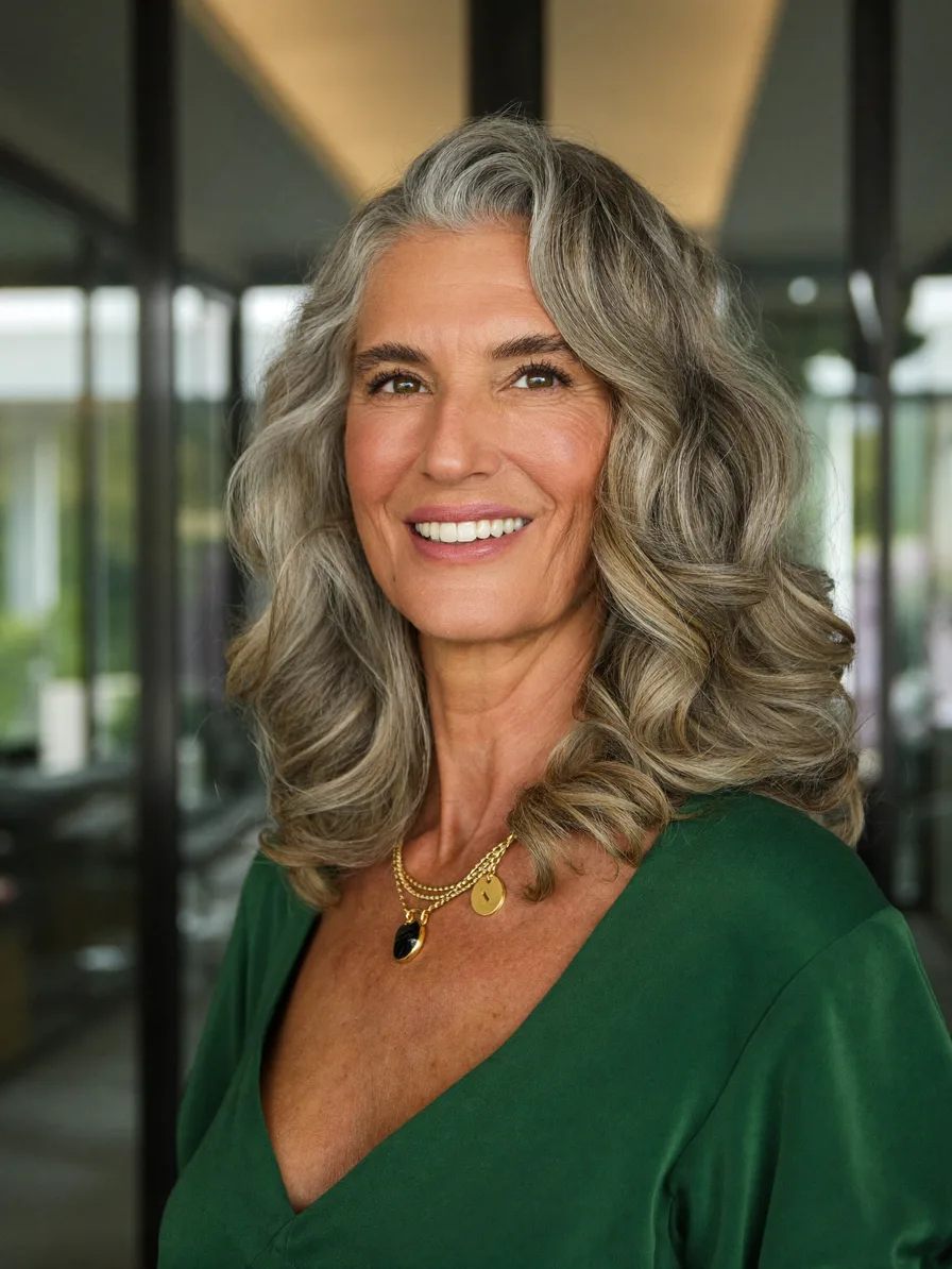 Voluminous Salt and Pepper Wavy Layers with Side-Swept Bangs
