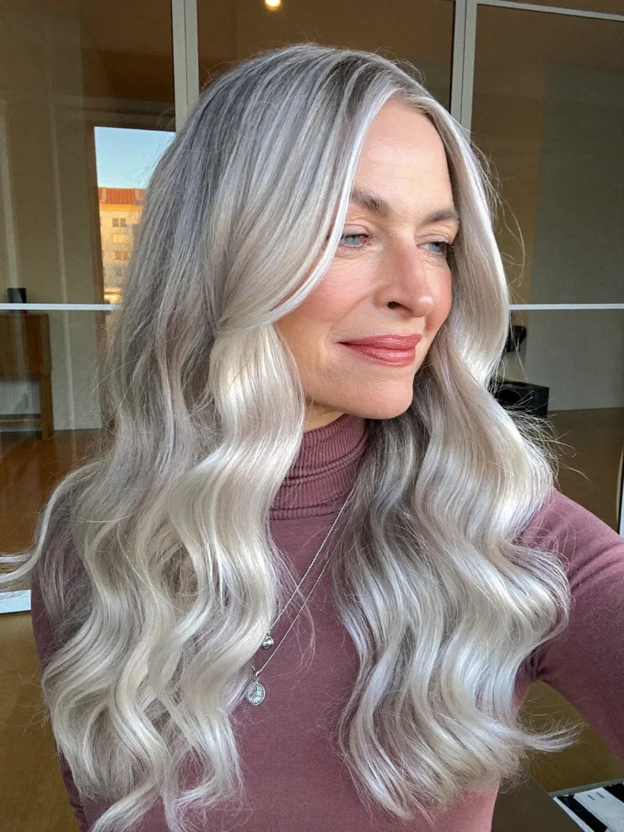 Elegant Long Platinum Blonde Waves with Center Part Layers