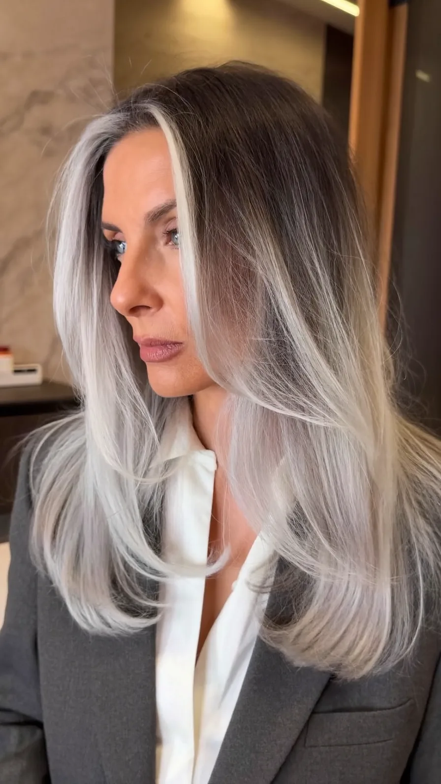 Elegant Silver Gray Long Layered Medium Haircut