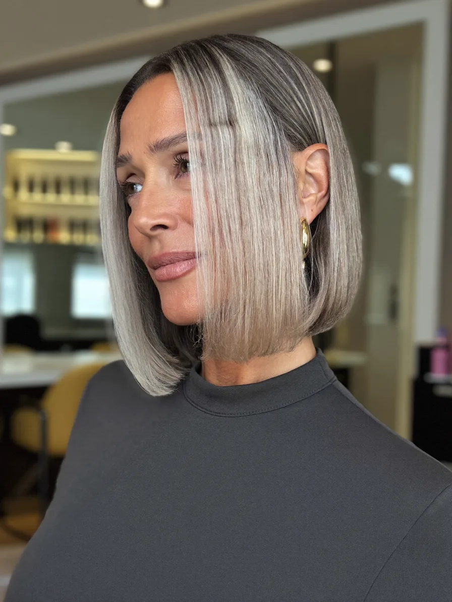 Sleek Blunt Chin-Length Bob with Silver Ash Highlights