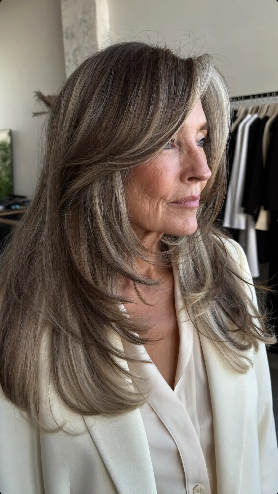 Elegant Long Layered Hairstyle with Soft Side-Swept Bangs