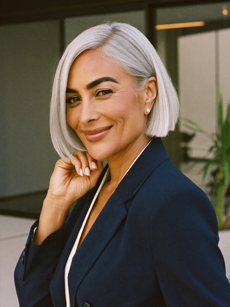 Chin-Length Silver Gray Blunt Bob with Side Part