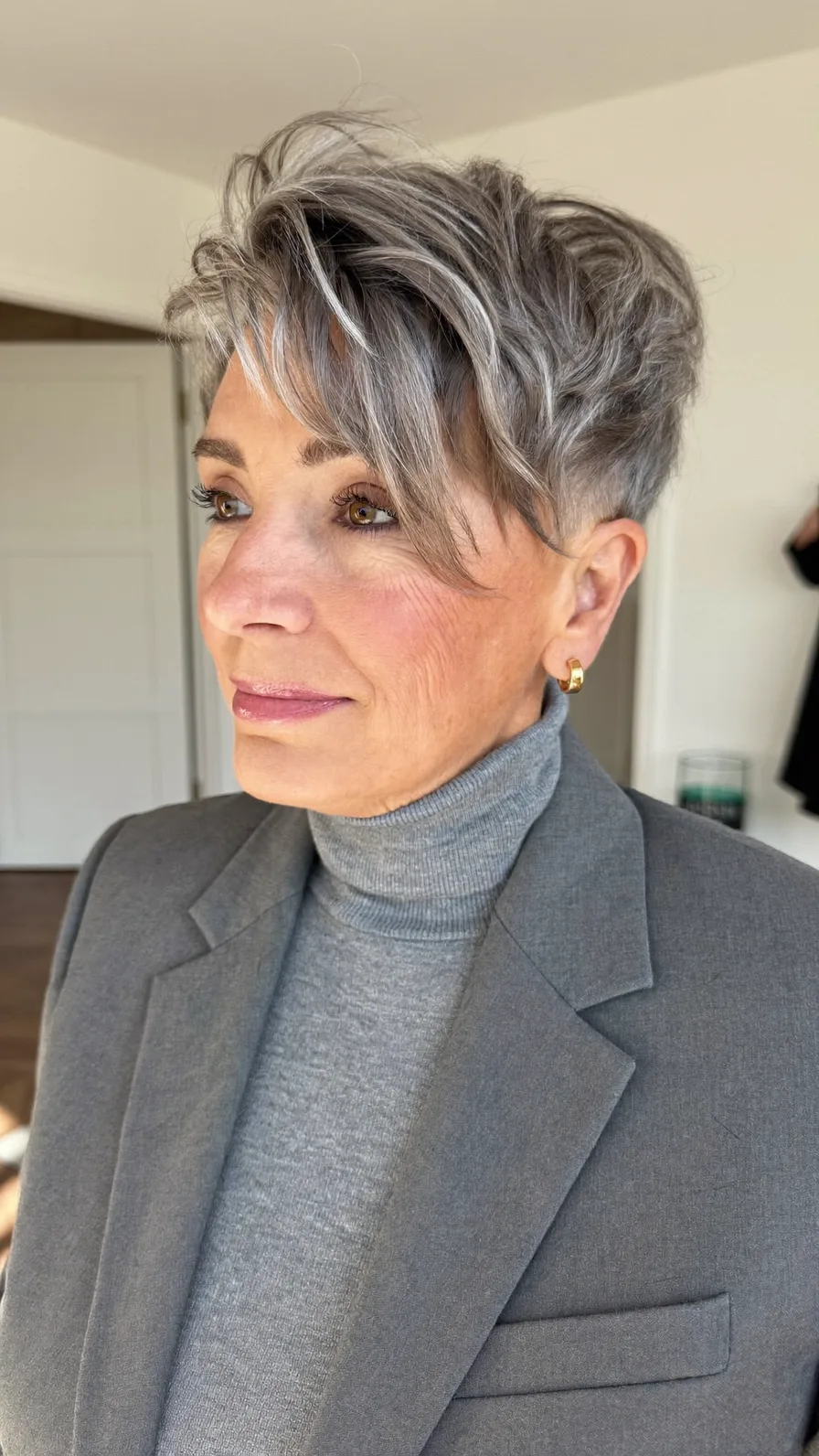 Choppy Textured Pixie with Side-Swept Silver Gray Bangs