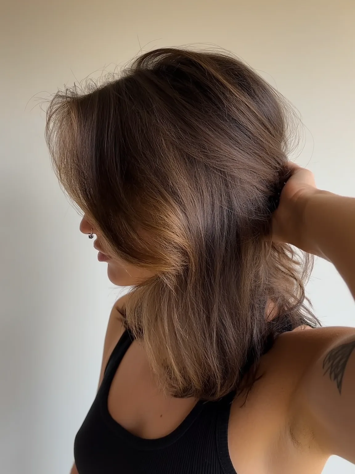 Shoulder-Length Warm Auburn Brown Layers Without Bangs