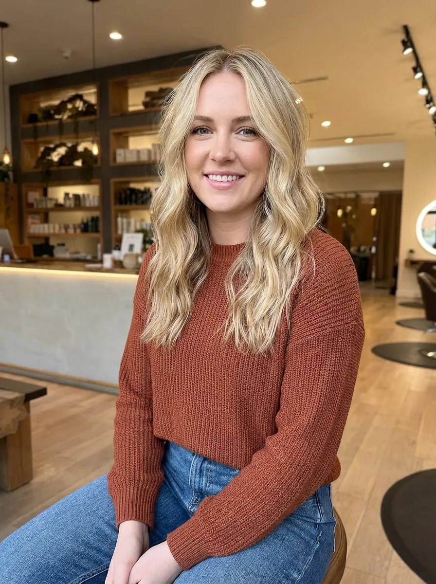 Long Sandy Blonde Wavy Layers with Side-Swept Bangs