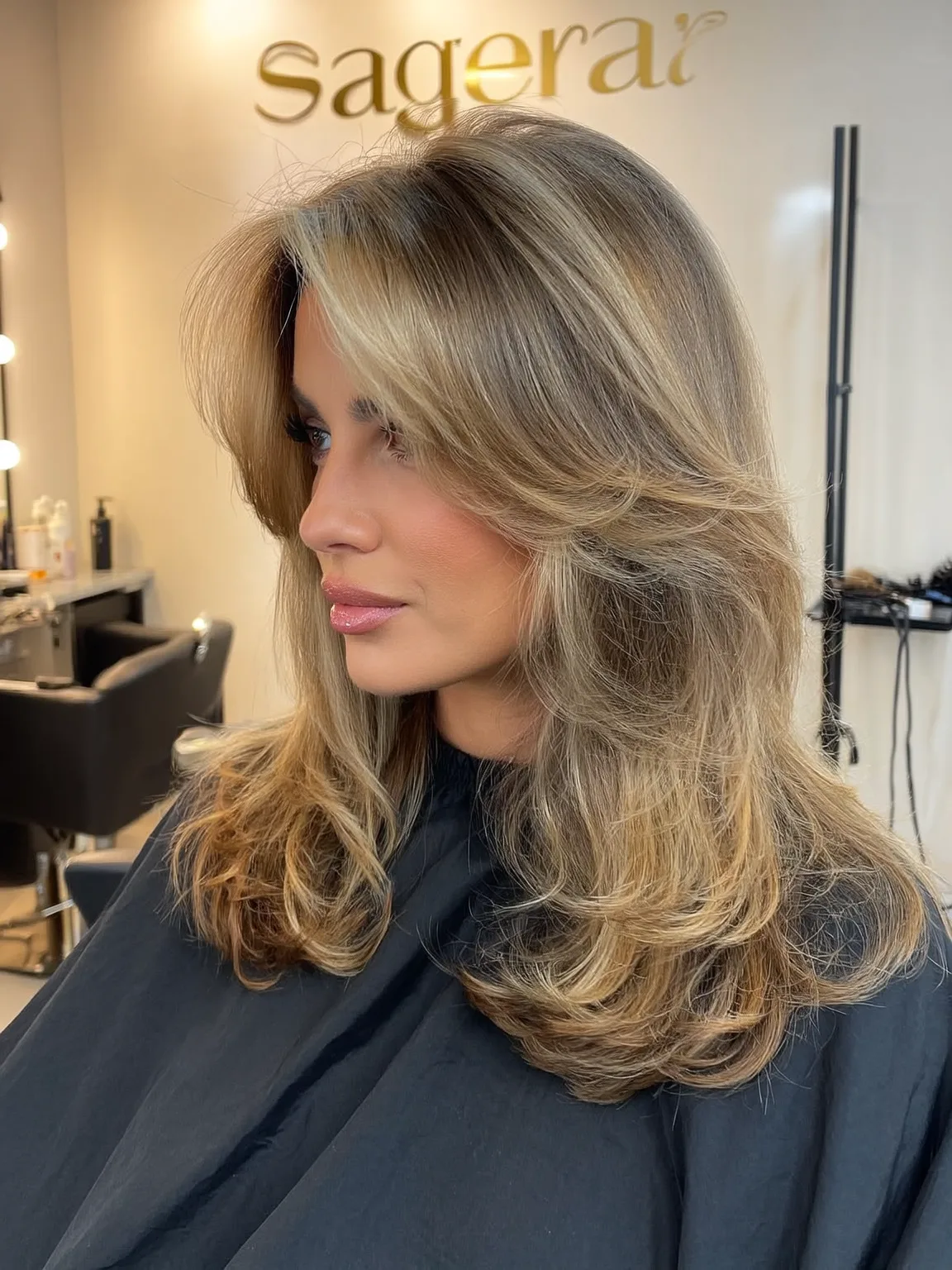 Medium Honey Blonde Layered Waves with Long Bangs