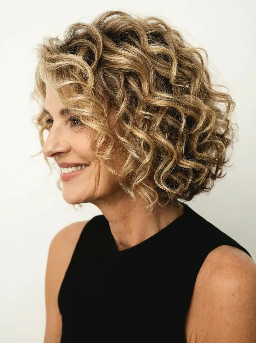 Chin-Length Curly Bob with Golden Blonde Dimensions