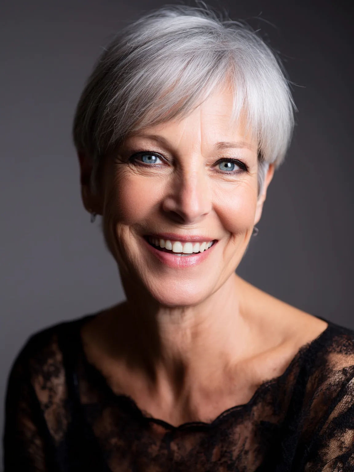 Short Silver Frost Straight Pixie with Side-Swept Bangs