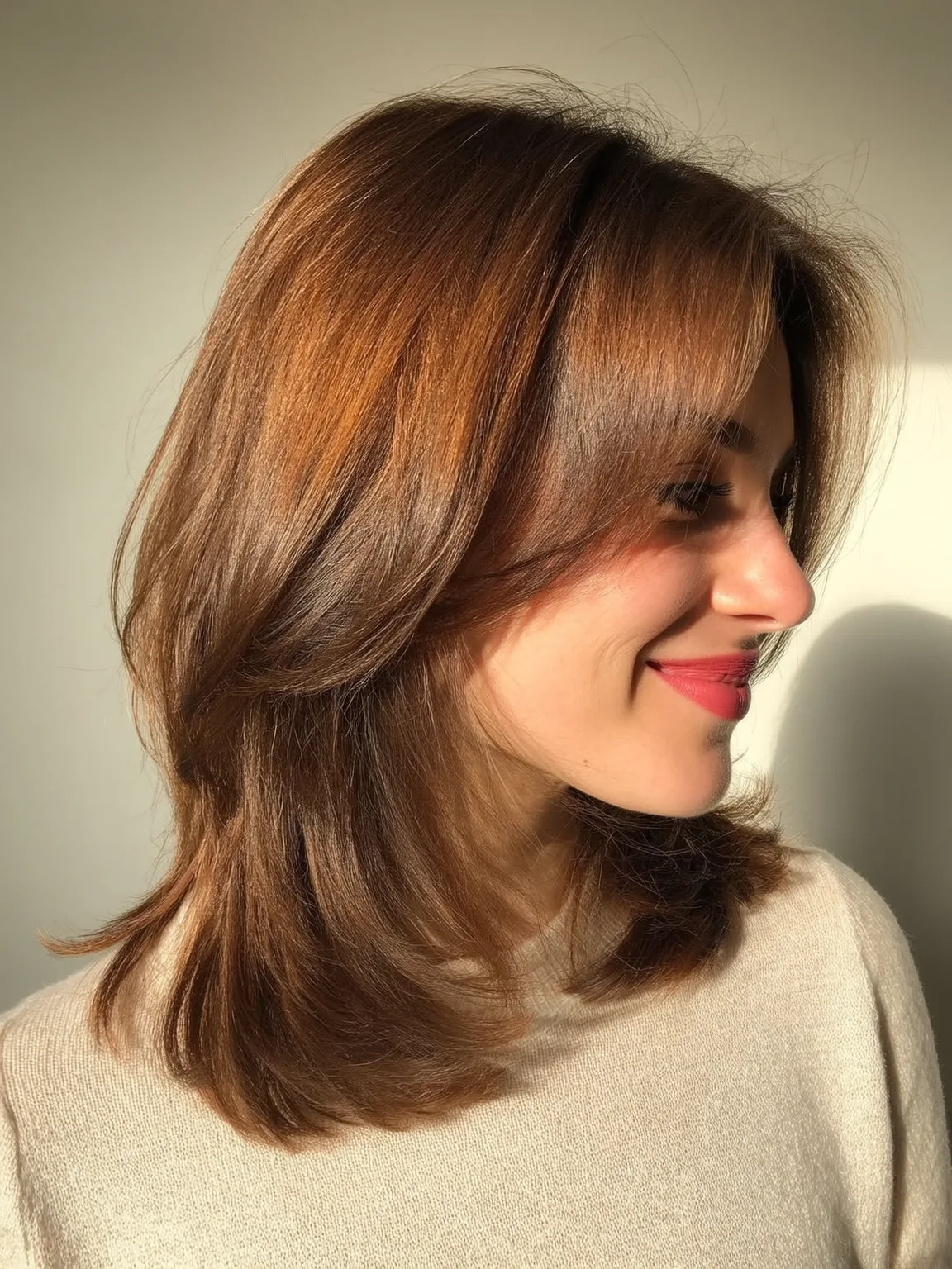 Medium Straight Warm Caramel Brown Layers with Side Bangs