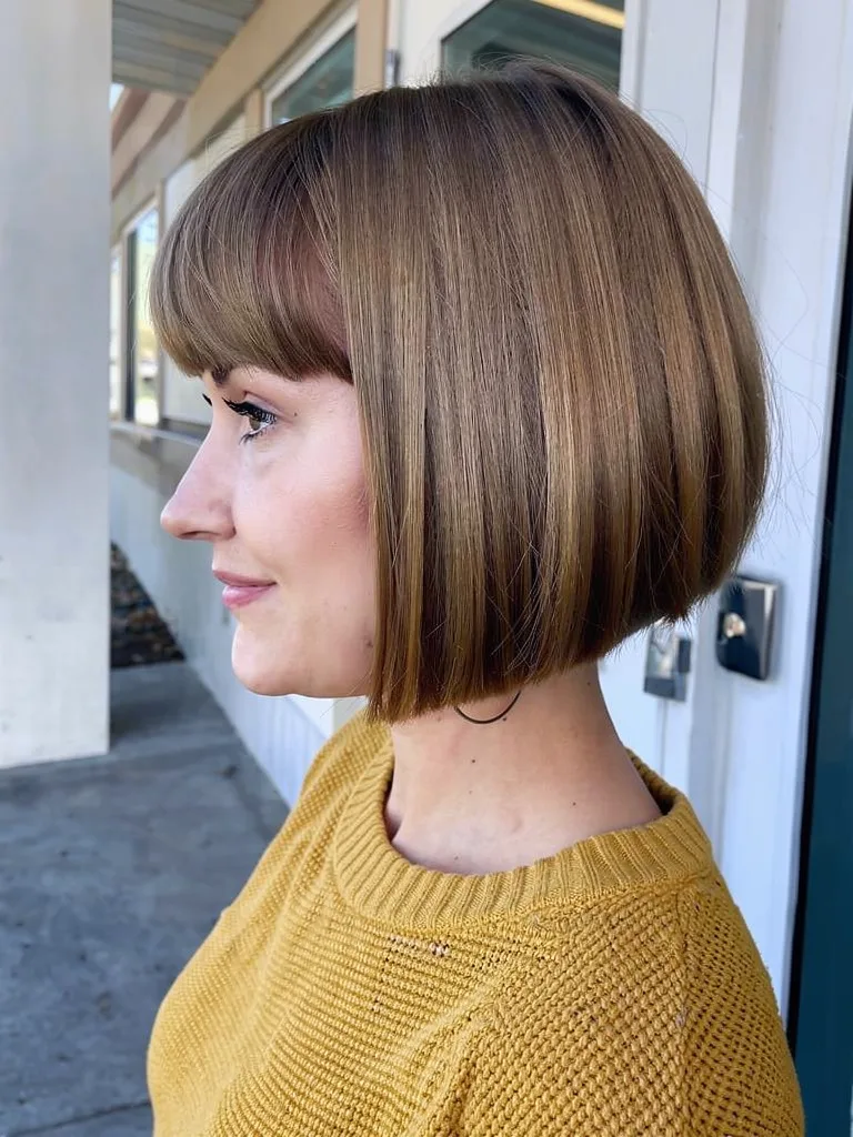 Warm Caramel Straight Chin-Length Bob with Blunt Bangs
