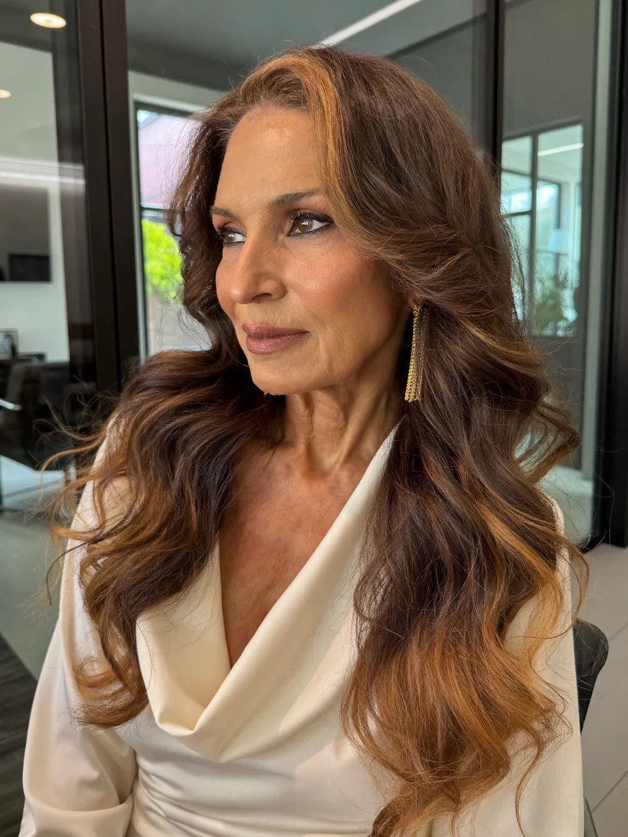 Elegant Long Layered Waves with Subtle Honey Blonde Babylights