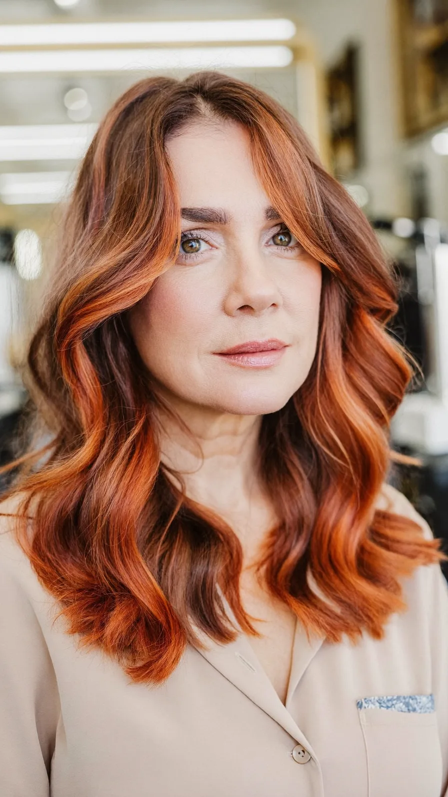 Flowing Copper Red Long Layered Hair with Curtain Bangs