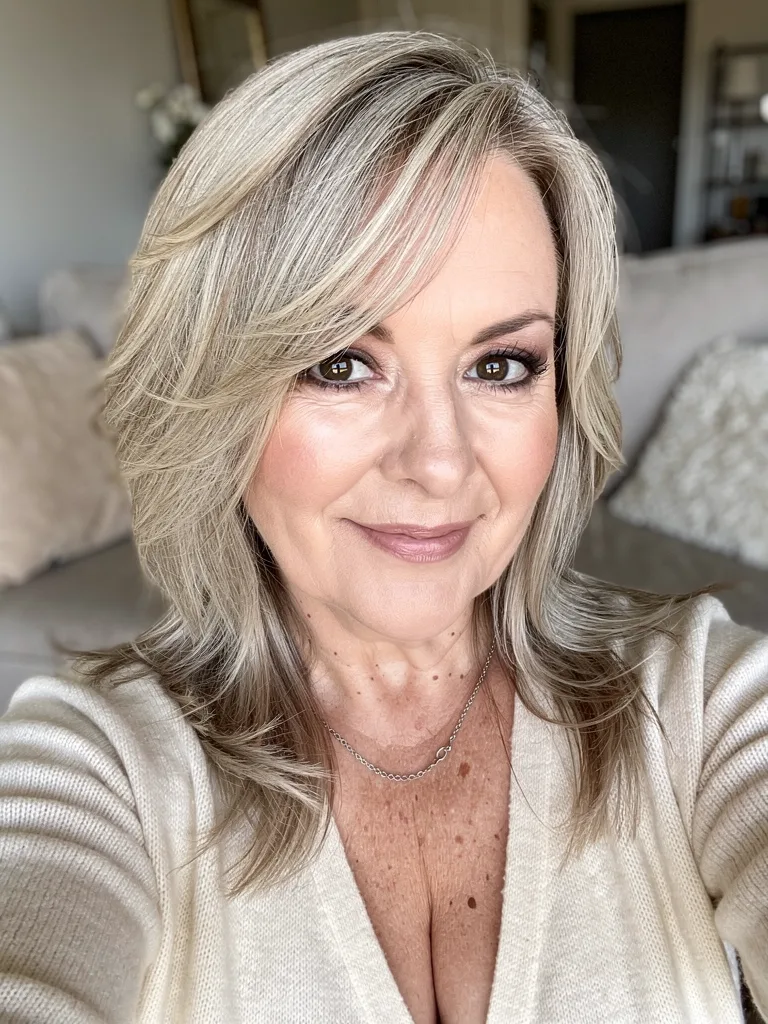 Elegant Shoulder-Length Layered Hair with Soft Side-Swept Bangs
