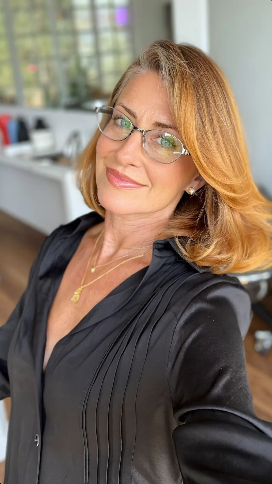 Classic Layered Lob with Warm Honey Blonde and Side-Swept Bangs