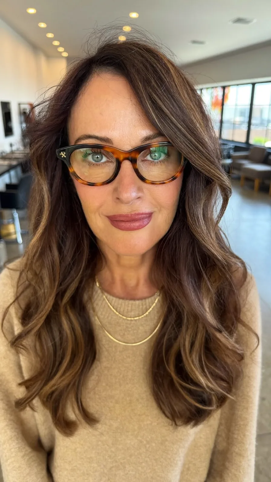 Elegant Long Layered Waves with Soft Caramel Balayage Highlights