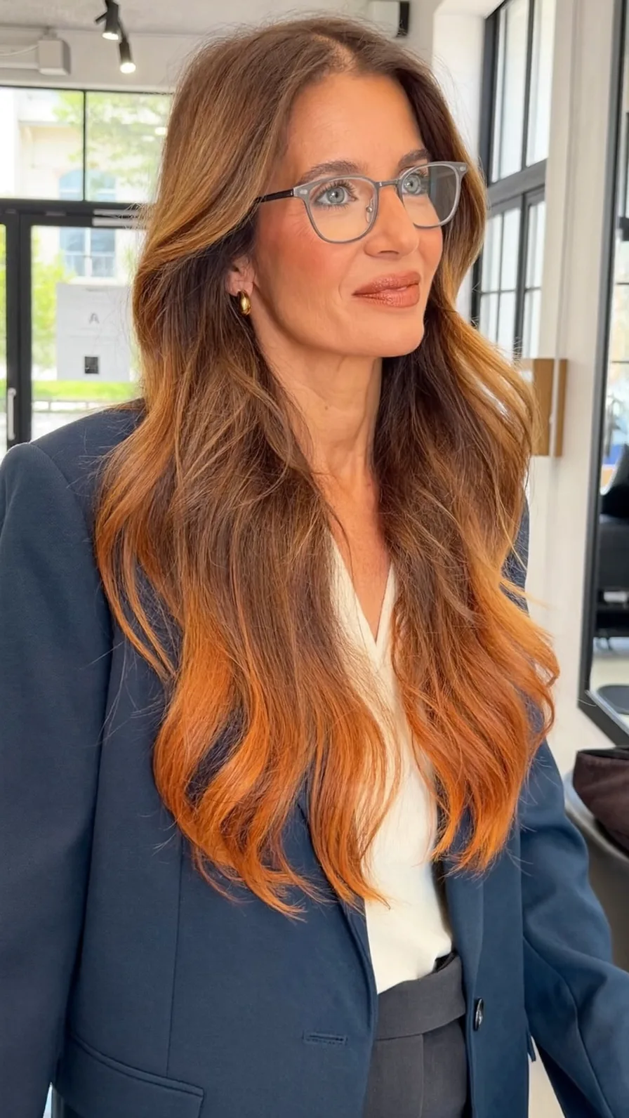 Flowing Long Layers with Vibrant Copper Ombre Ends