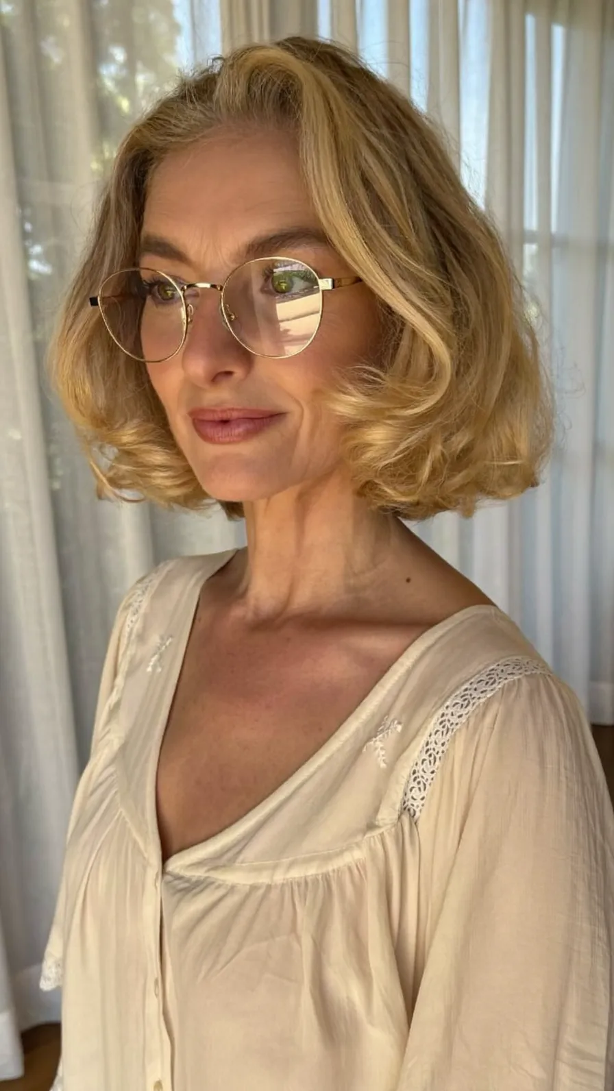 Soft Rounded Blonde Bob with Side-Swept Bangs for Mature Women