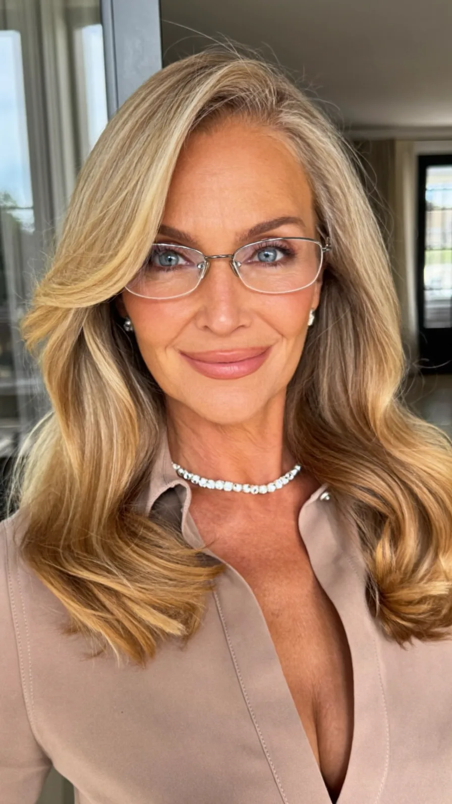 Voluminous Honey Blonde Long Layers with Side-Swept Bangs