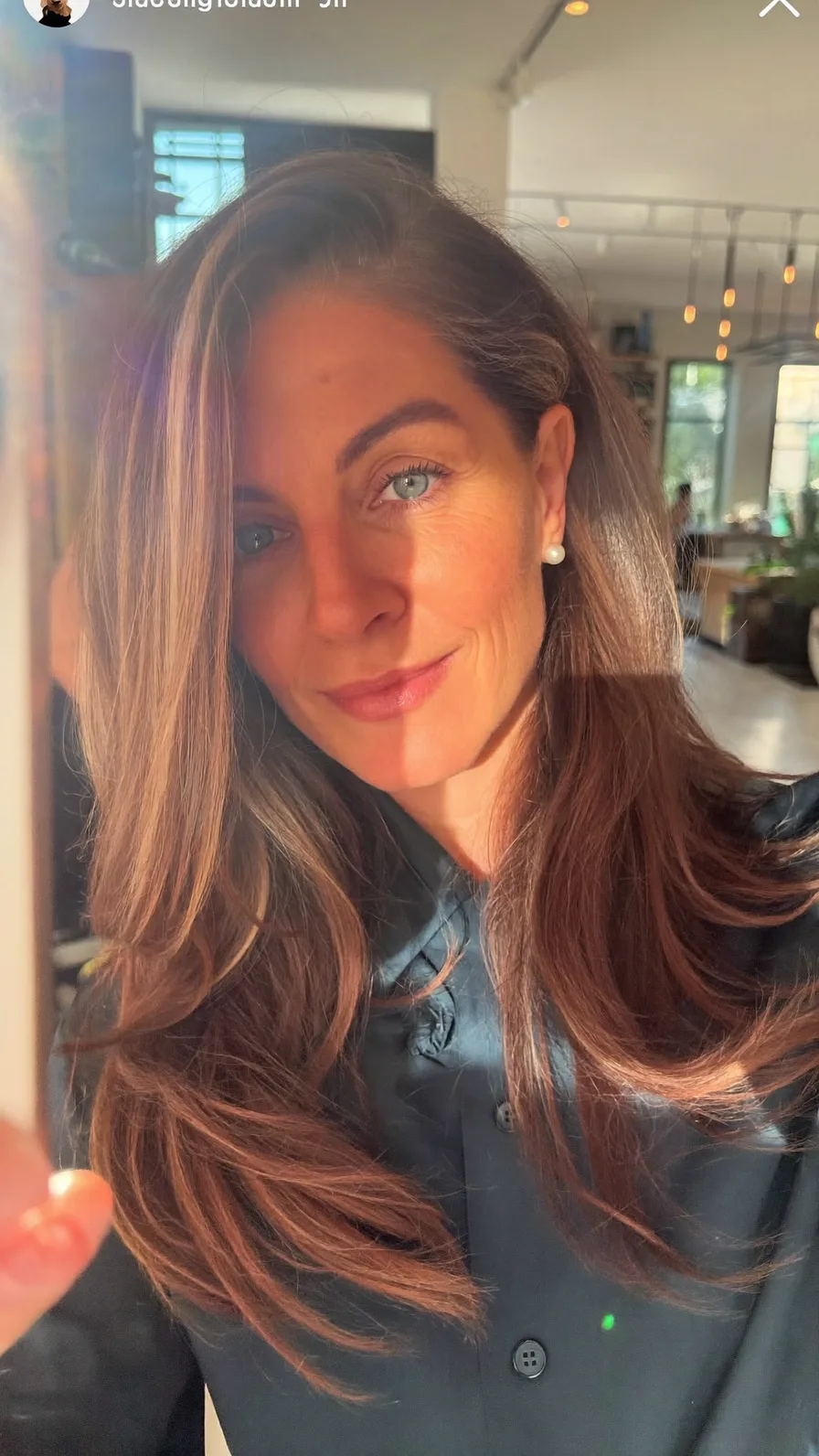 Elegant Long Layers with Warm Chestnut Balayage Highlights