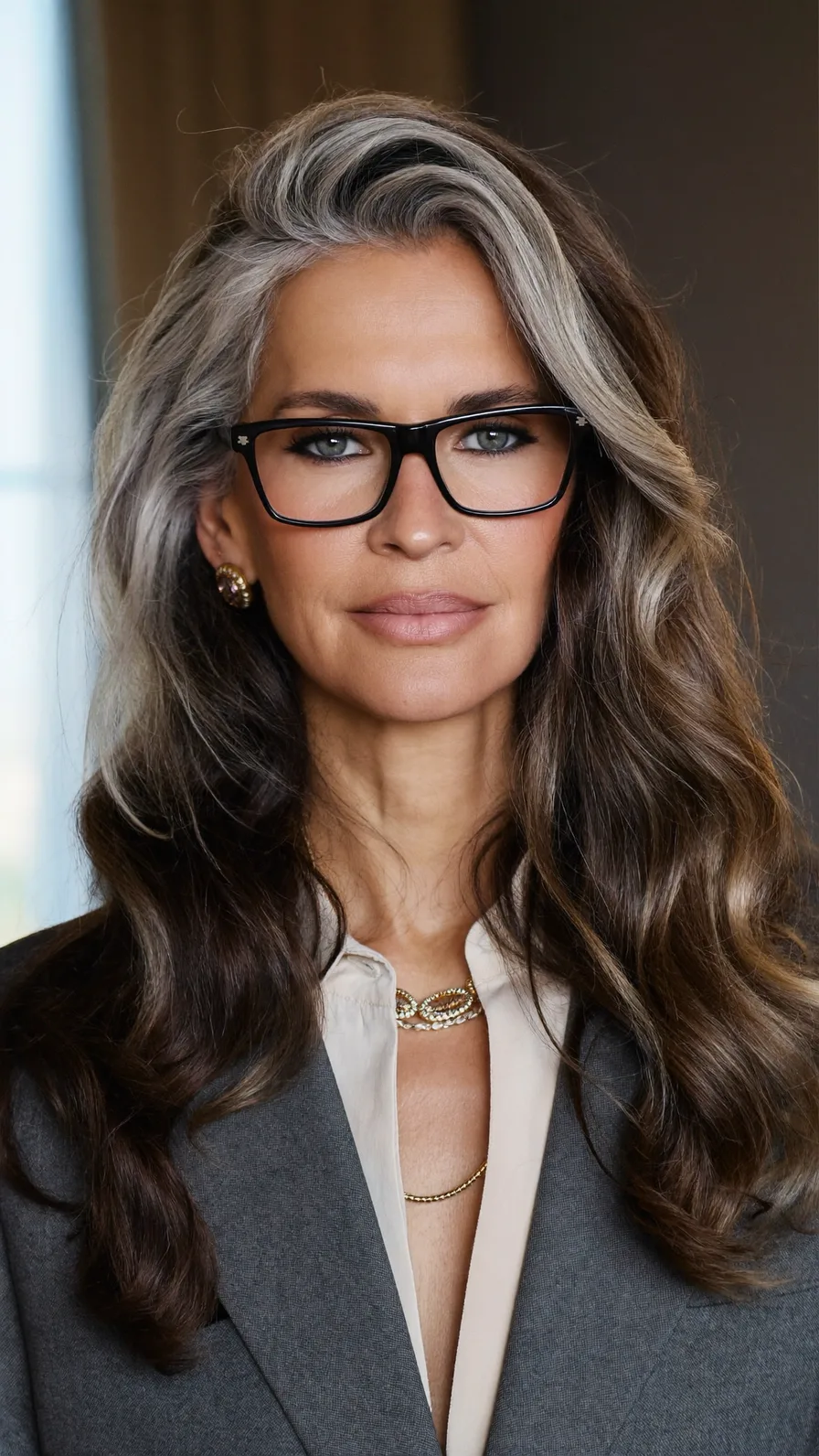 Elegant Long Layers with Natural Salt and Pepper Highlights