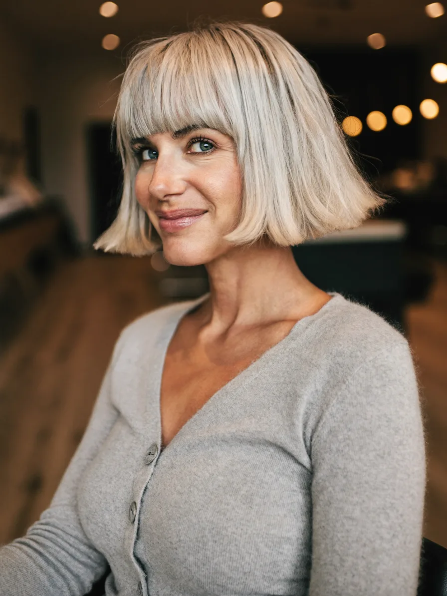 Chic Platinum Blonde Blunt Bob with Full Blunt Bangs