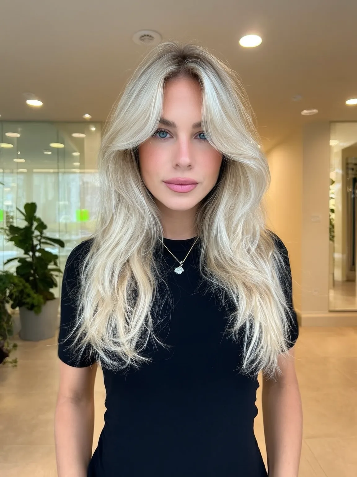 Voluminous Long Wavy Platinum Blonde Layers with Curtain Bangs