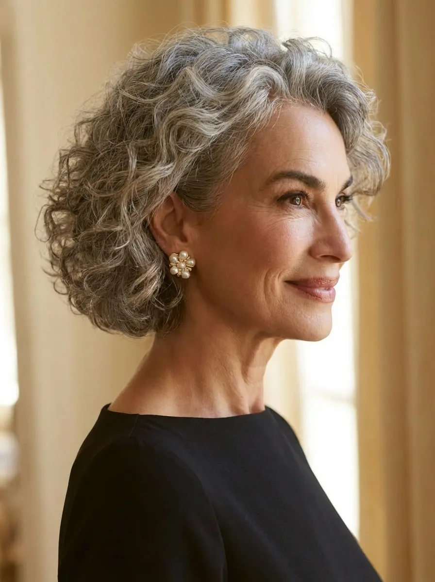 Curly Chin-Length Silver Frost Bob with Volume