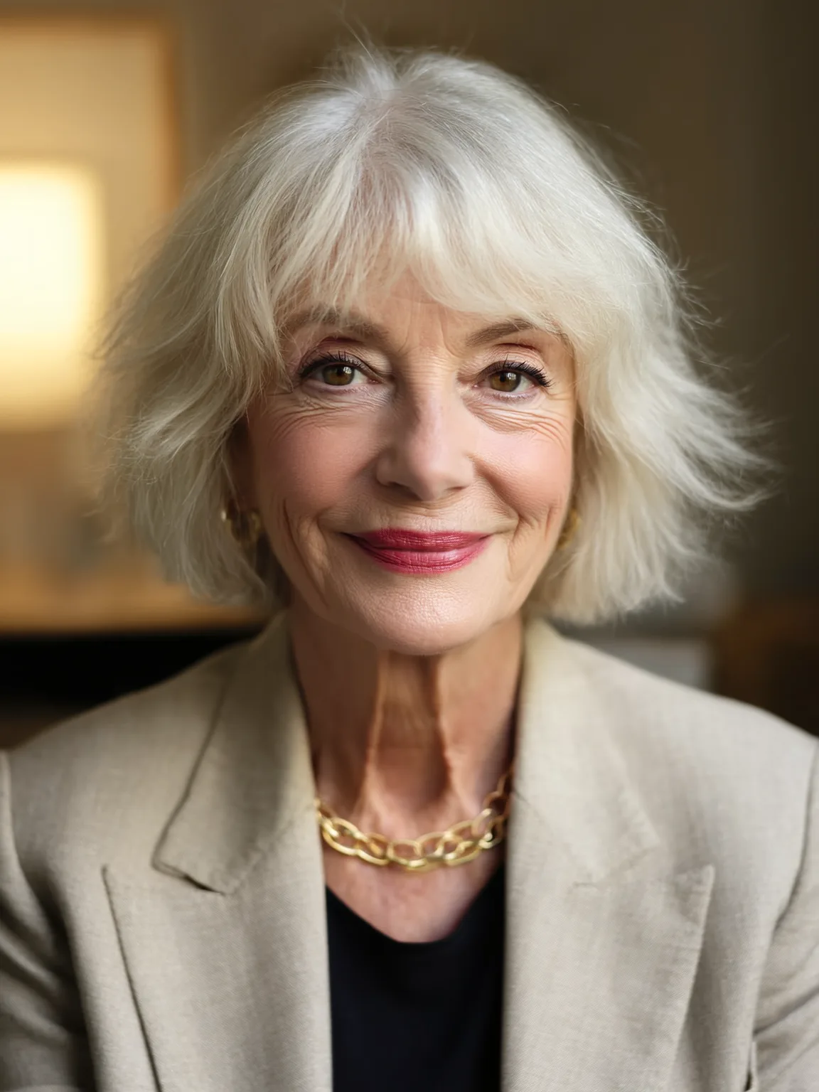 Chin-Length Wavy Bob with Wispy Silver Frost Bangs