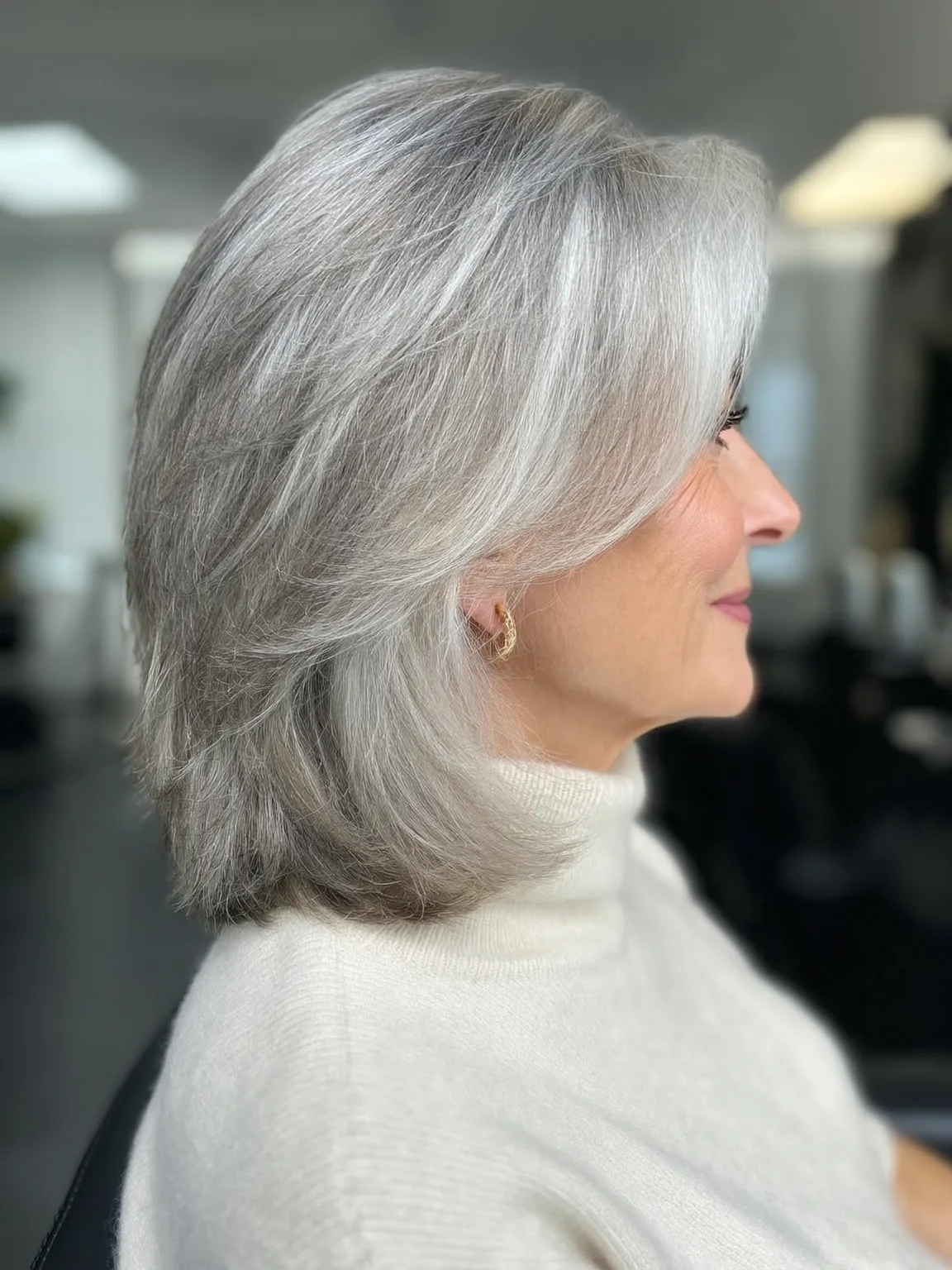 Medium Straight Silver Frost Layers with Side Bangs