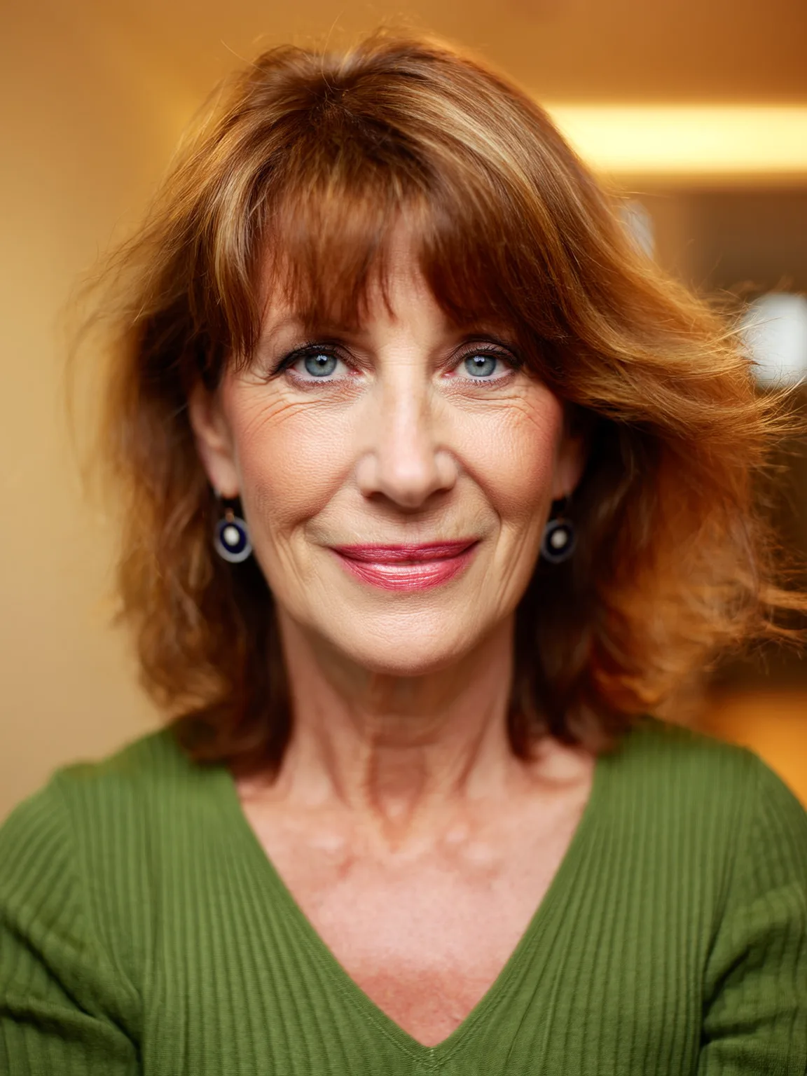Shoulder-Length Warm Caramel Brown Waves with Blunt Bangs