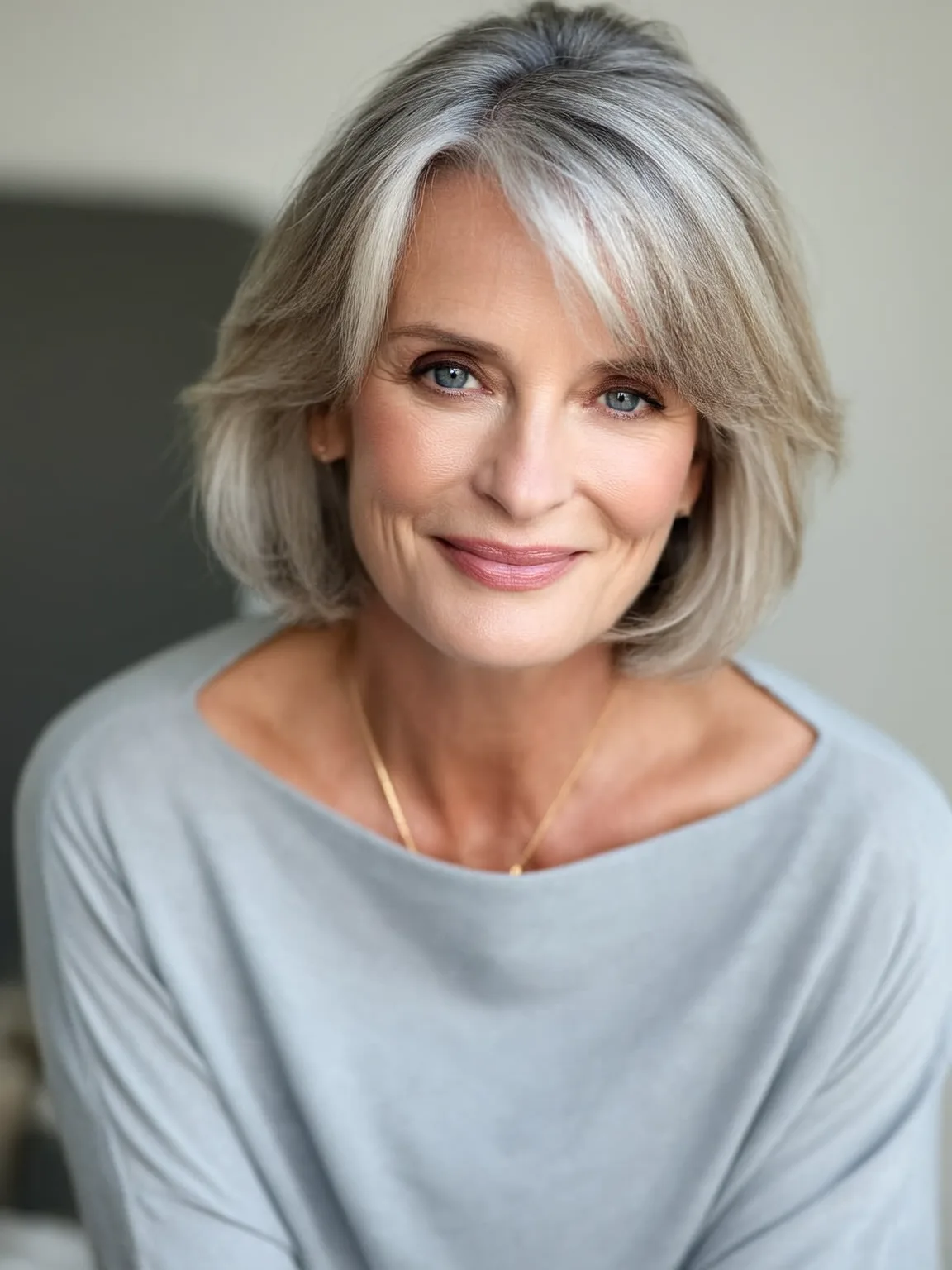 Blow-Dried Silver Frost Straight Bob with Side-Swept Bangs