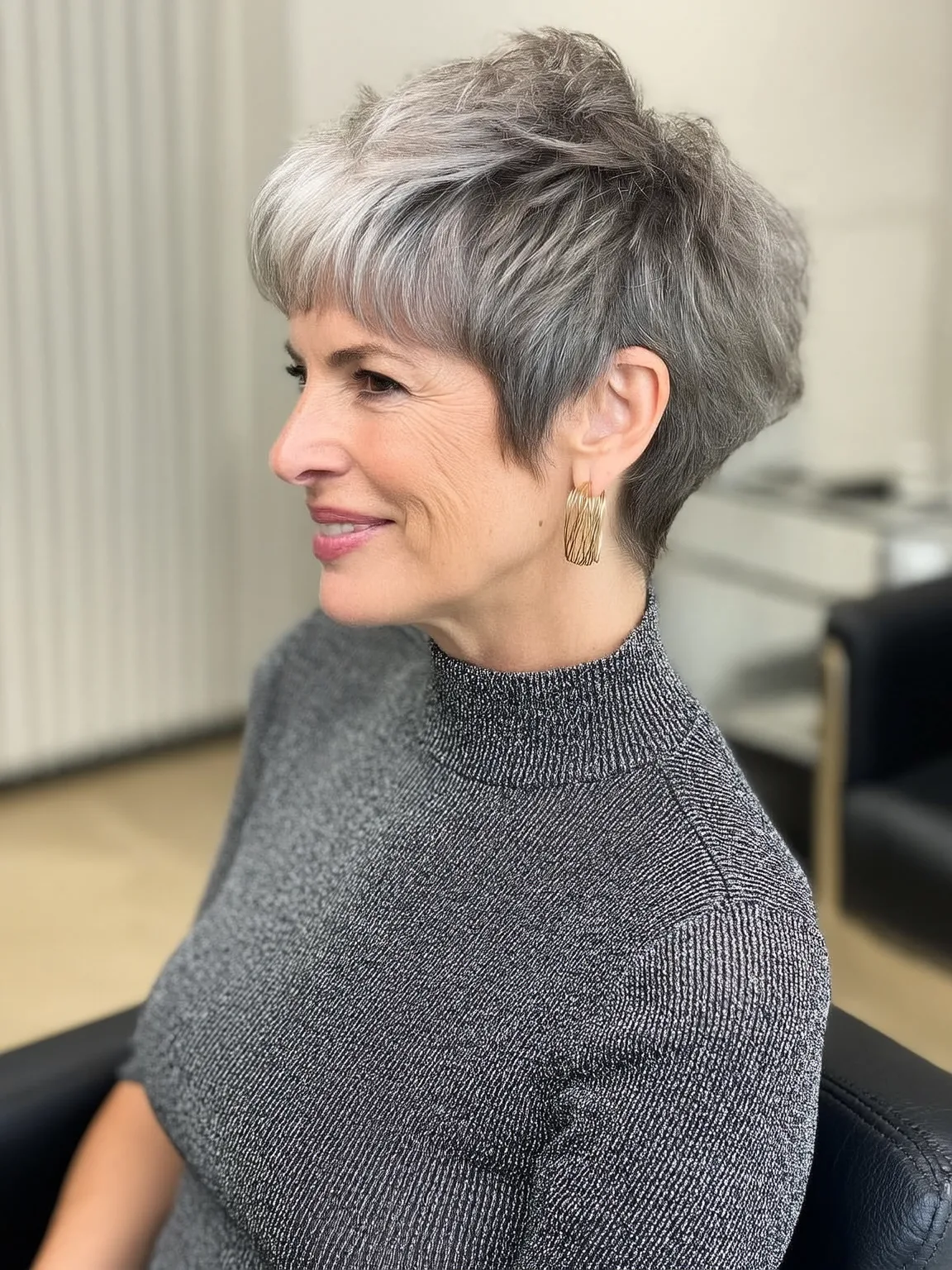 Salt and Pepper Gray Pixie with Straight Texture and Side Bangs