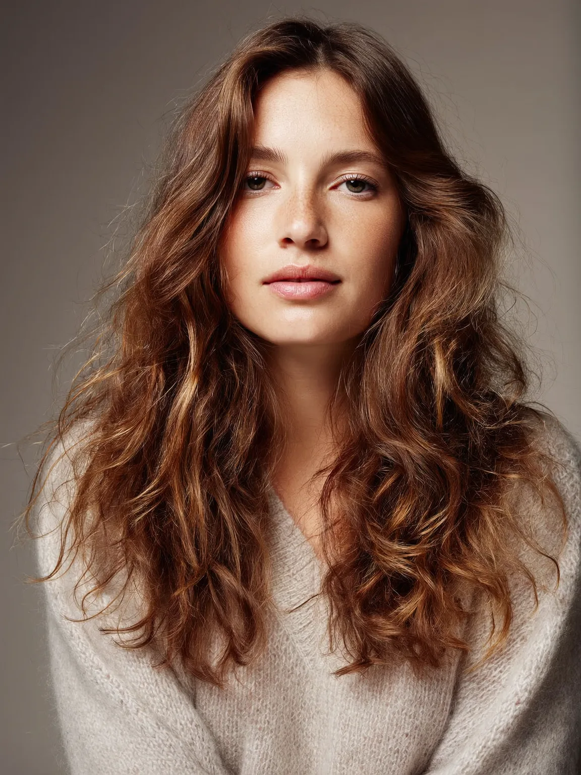 Layered Long Waves in Warm Caramel Brown Balayage