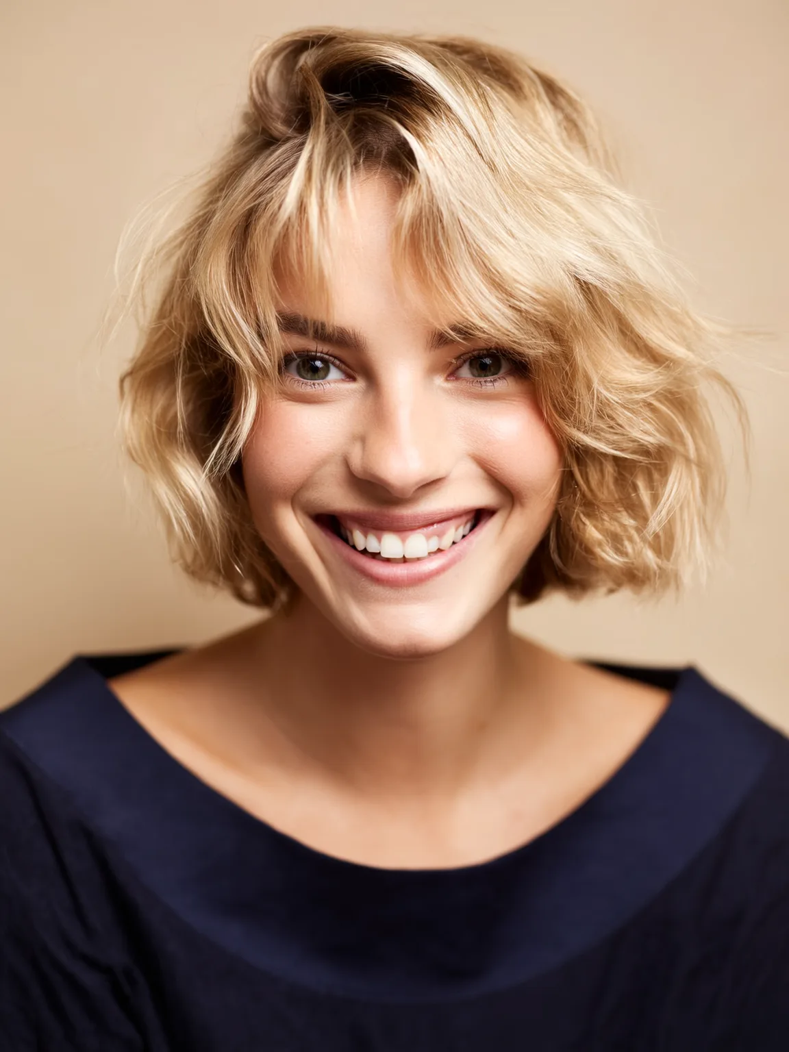Chic Textured Bob with Side-Swept Waves in Sandy Blonde