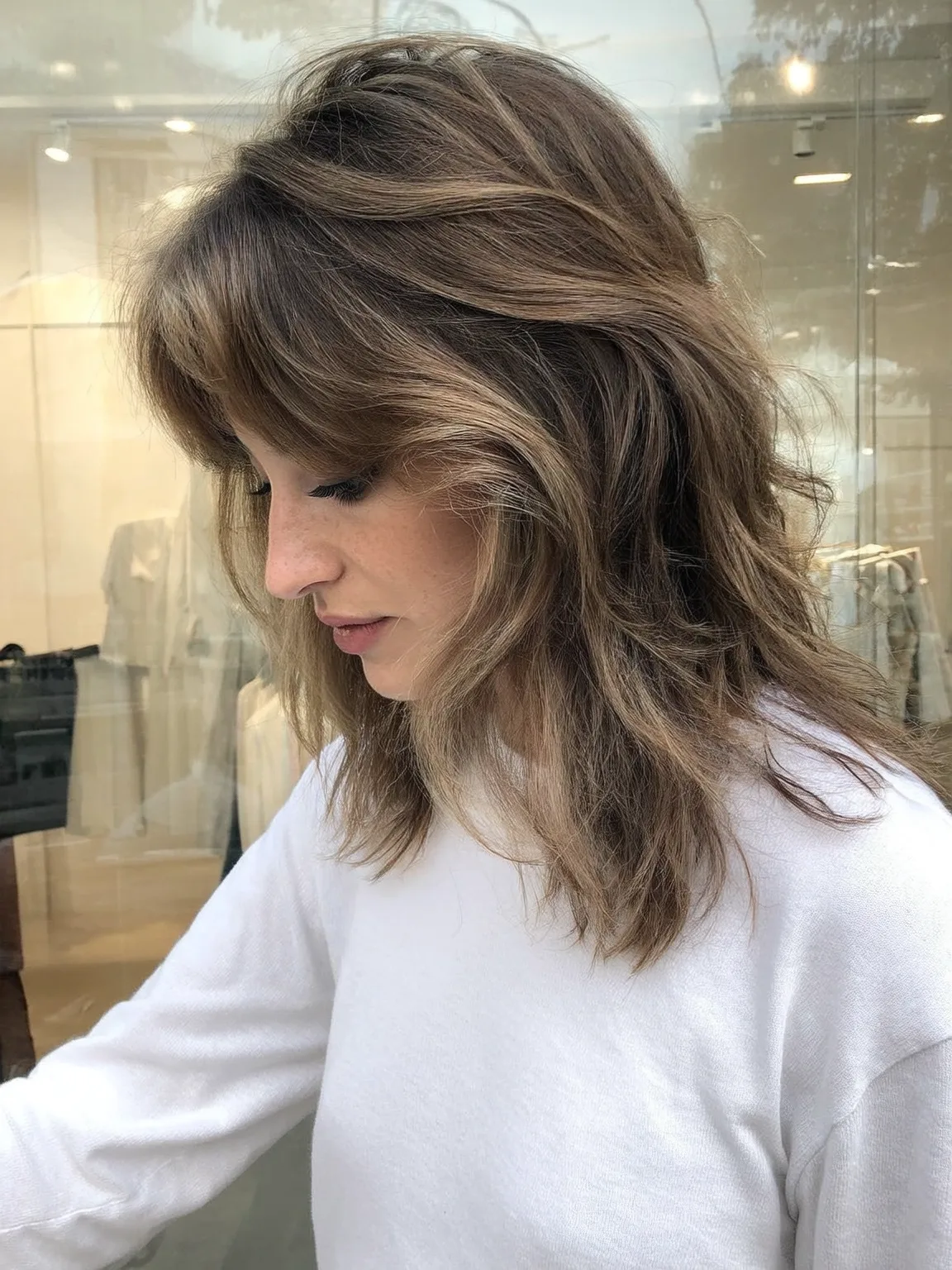 Medium Shag with Soft Curtain Bangs in Ash Bronde