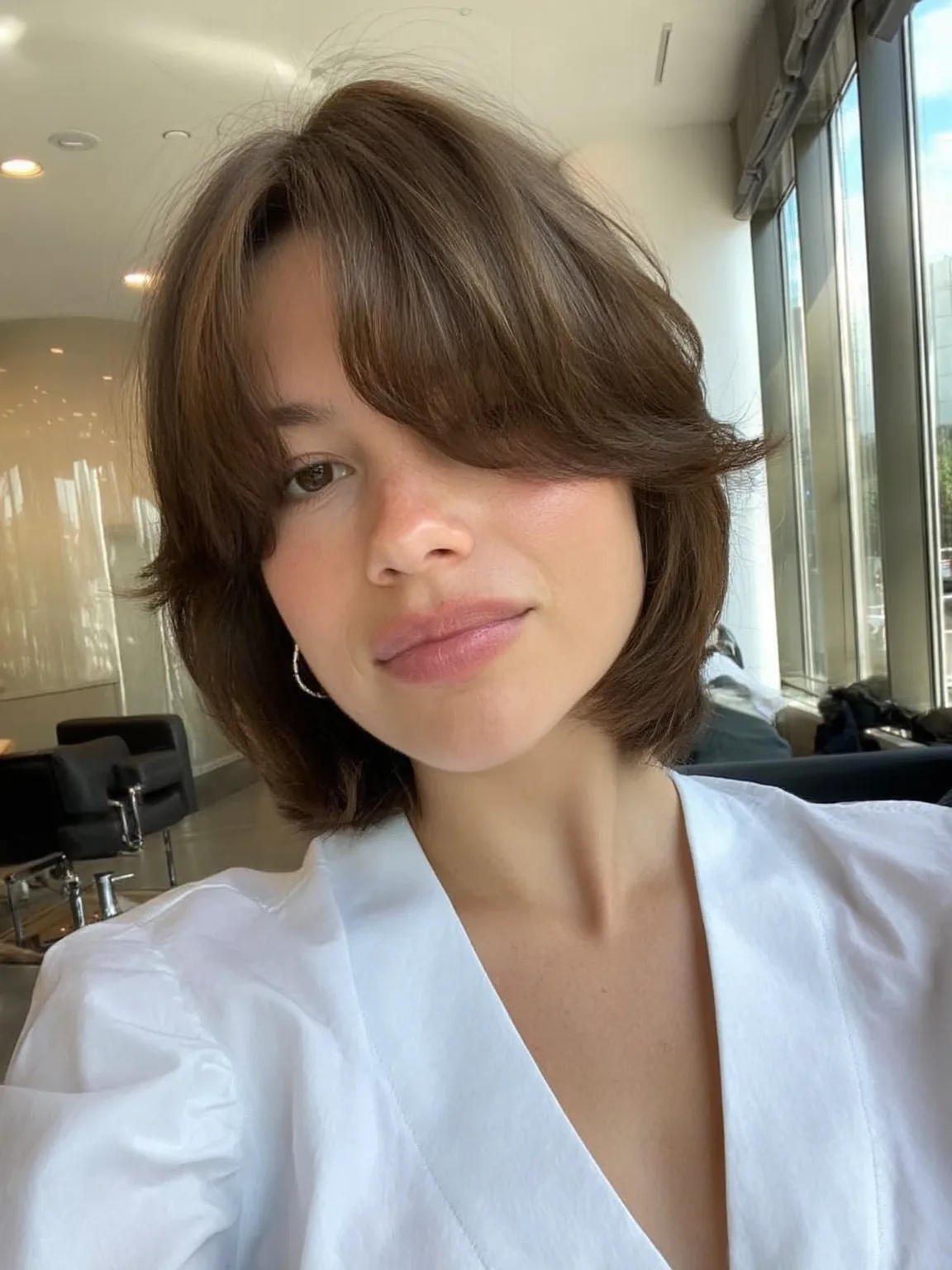 Chin-Length Bob with Curtain Bangs in Caramel Brown