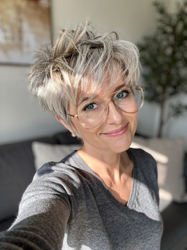 High-Volume Wavy Silver Frost Pixie with Side Bangs