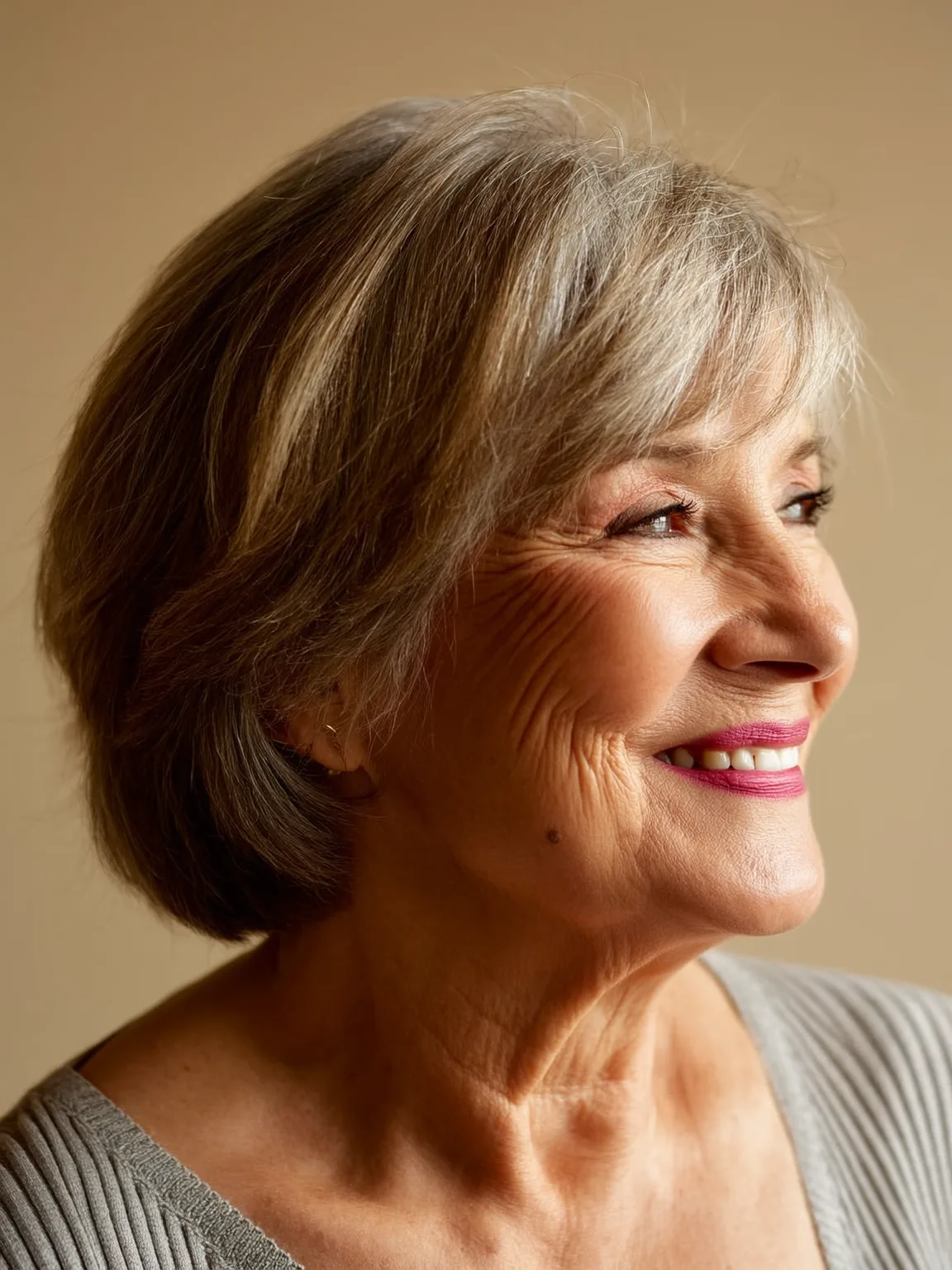 Classic Silver Short Bob with Soft Side-Swept Fringe
