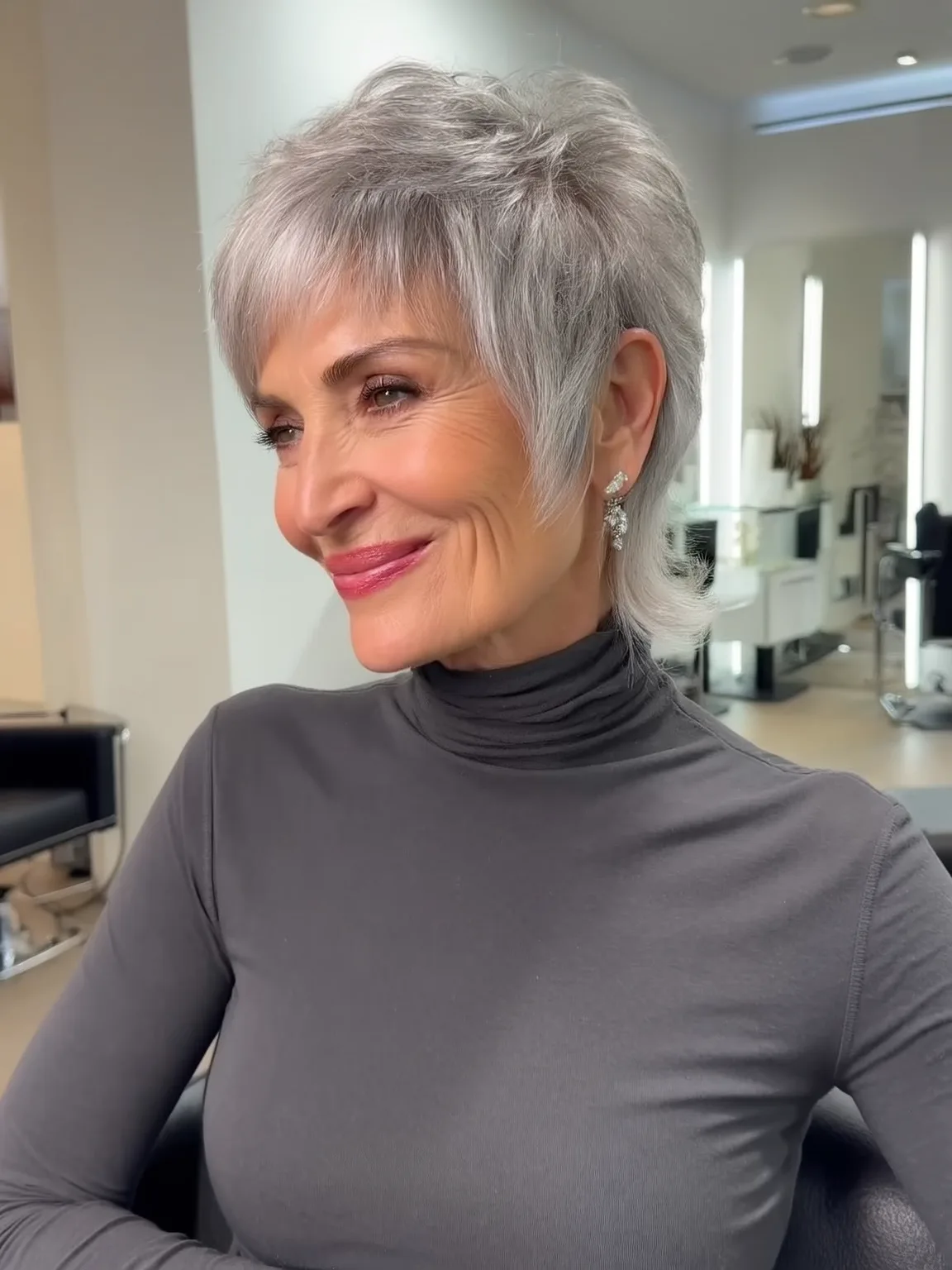 Choppy Silver Frost Pixie with Side-Swept Bangs