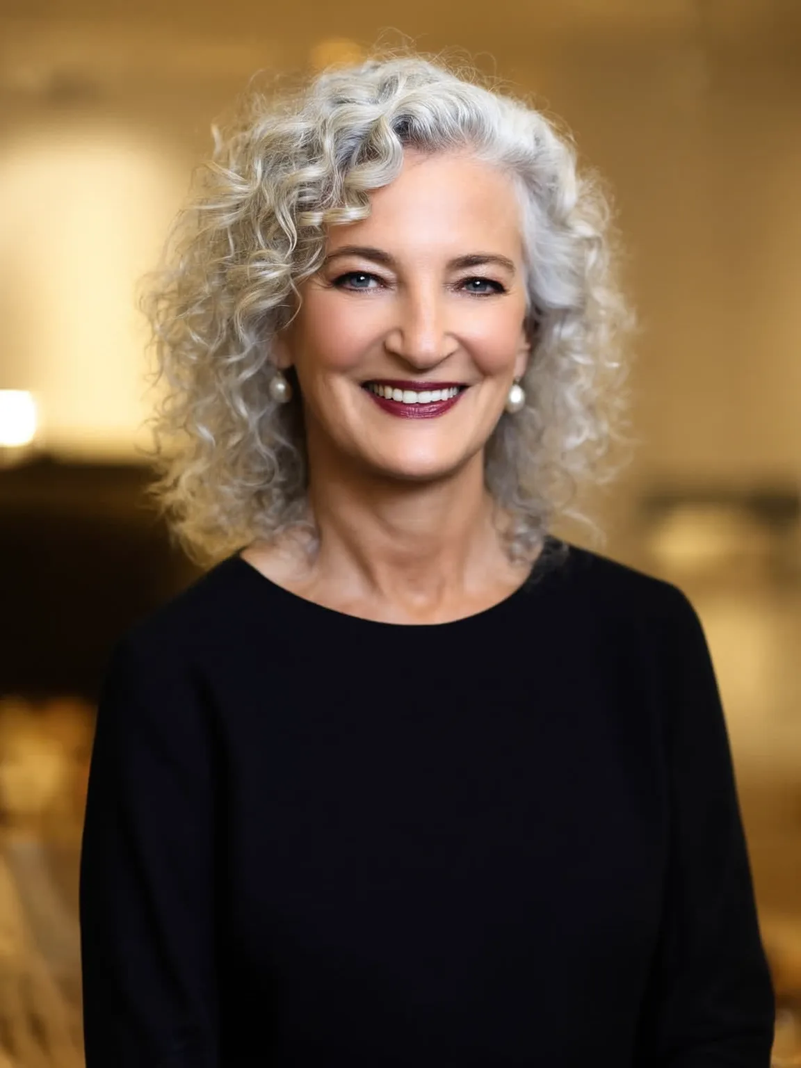 Chin-Length Curly Layers in Silver Frost