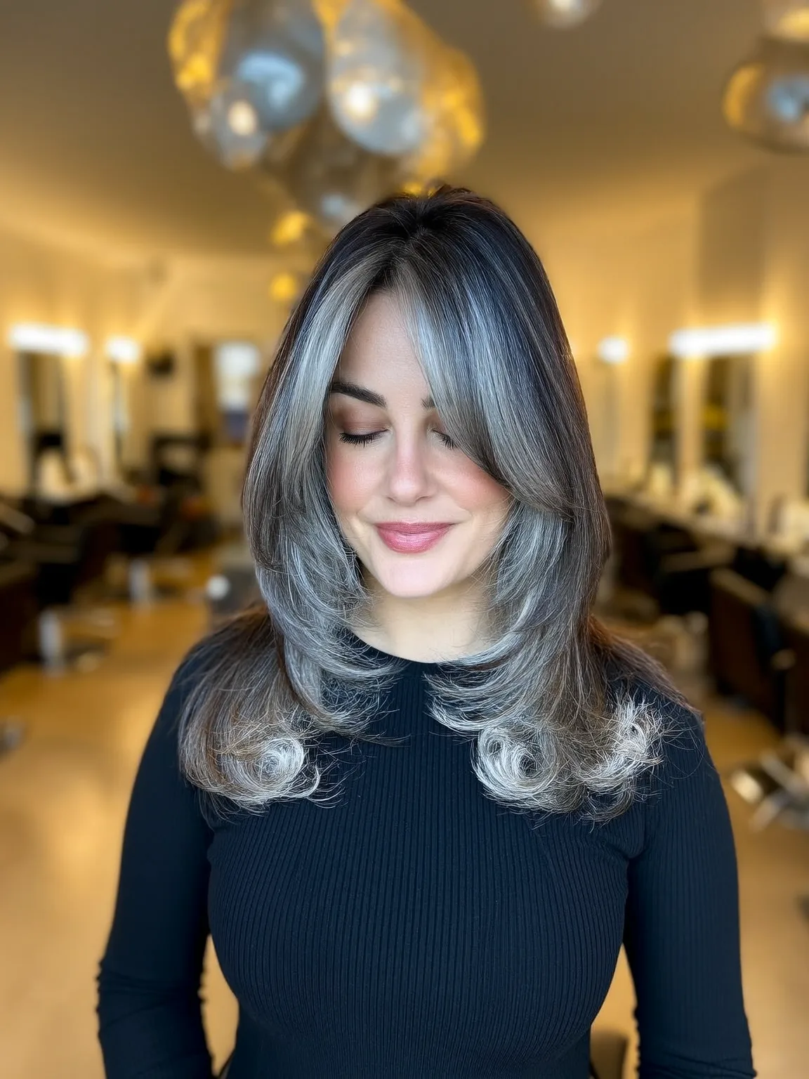 Voluminous Long Wavy Silver Frost with Dark Roots and Curtain Bangs