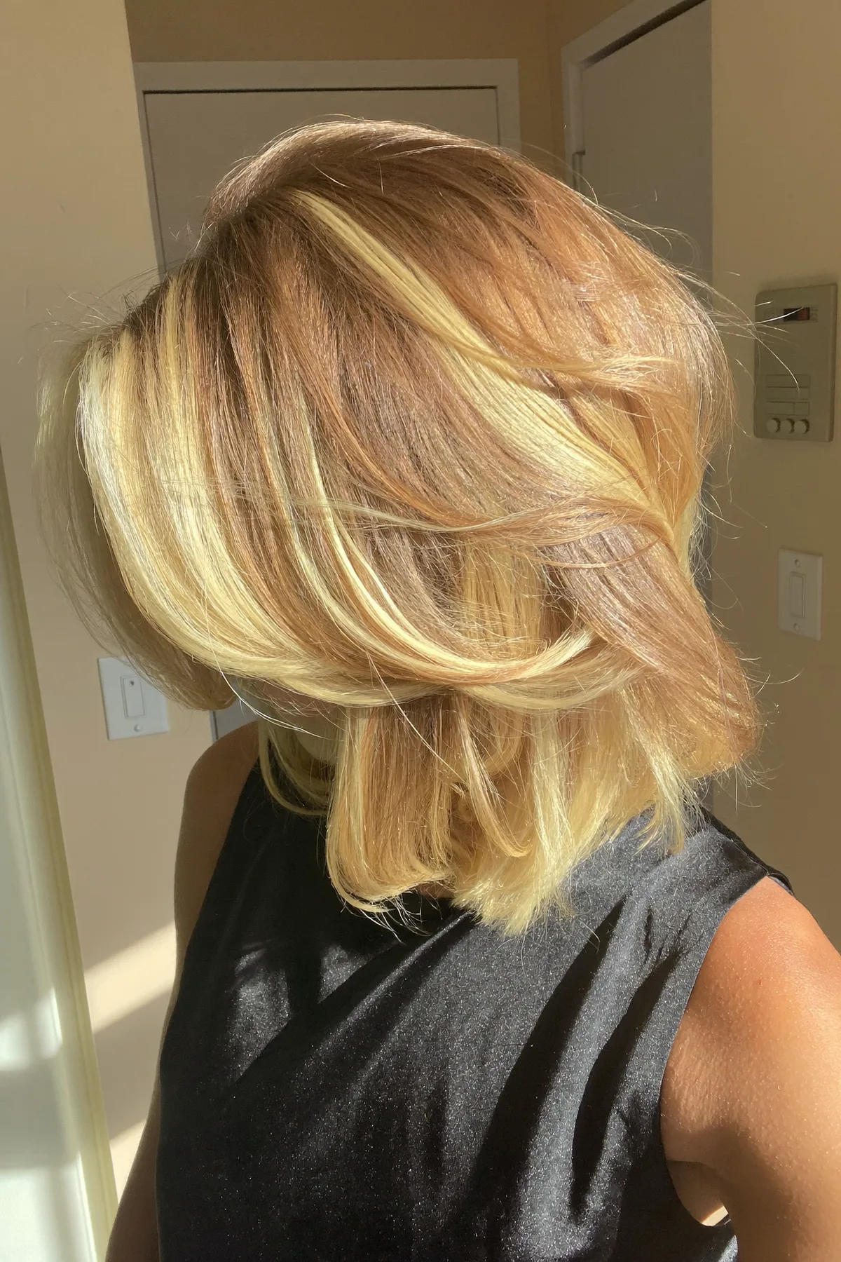 Honey Golden Blonde Shoulder-Length Bob with Sleek Straight Finish