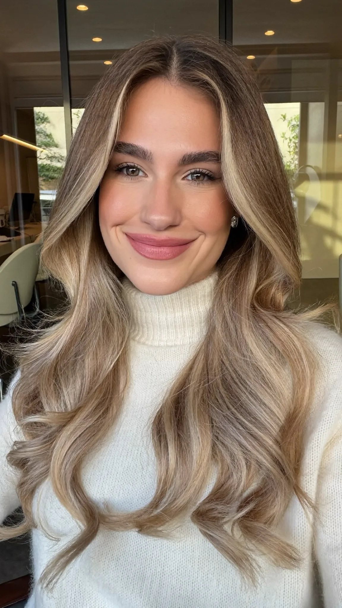 Honey Golden Blonde Long Layered Cut with Curtain Bangs and Balayage