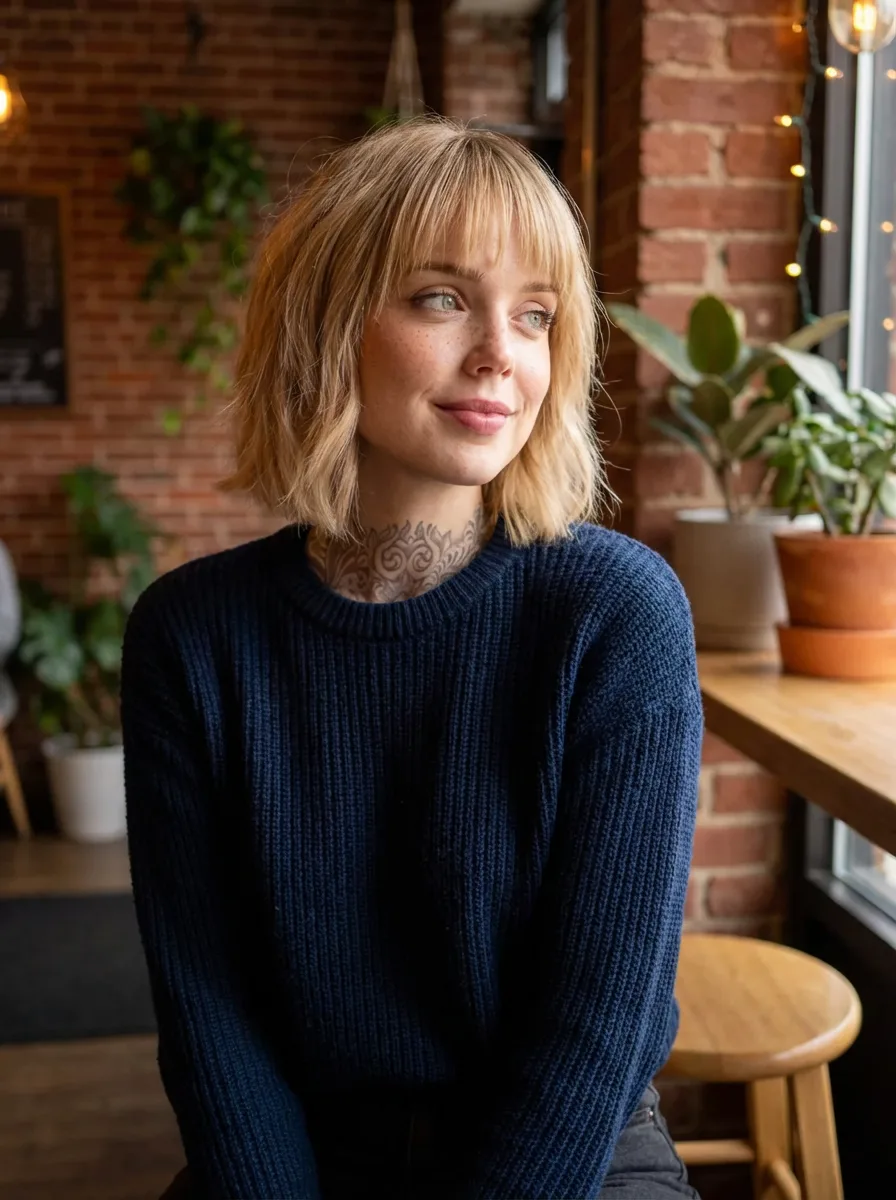 Sleek Honey Blonde Bob with Side-Swept Bangs